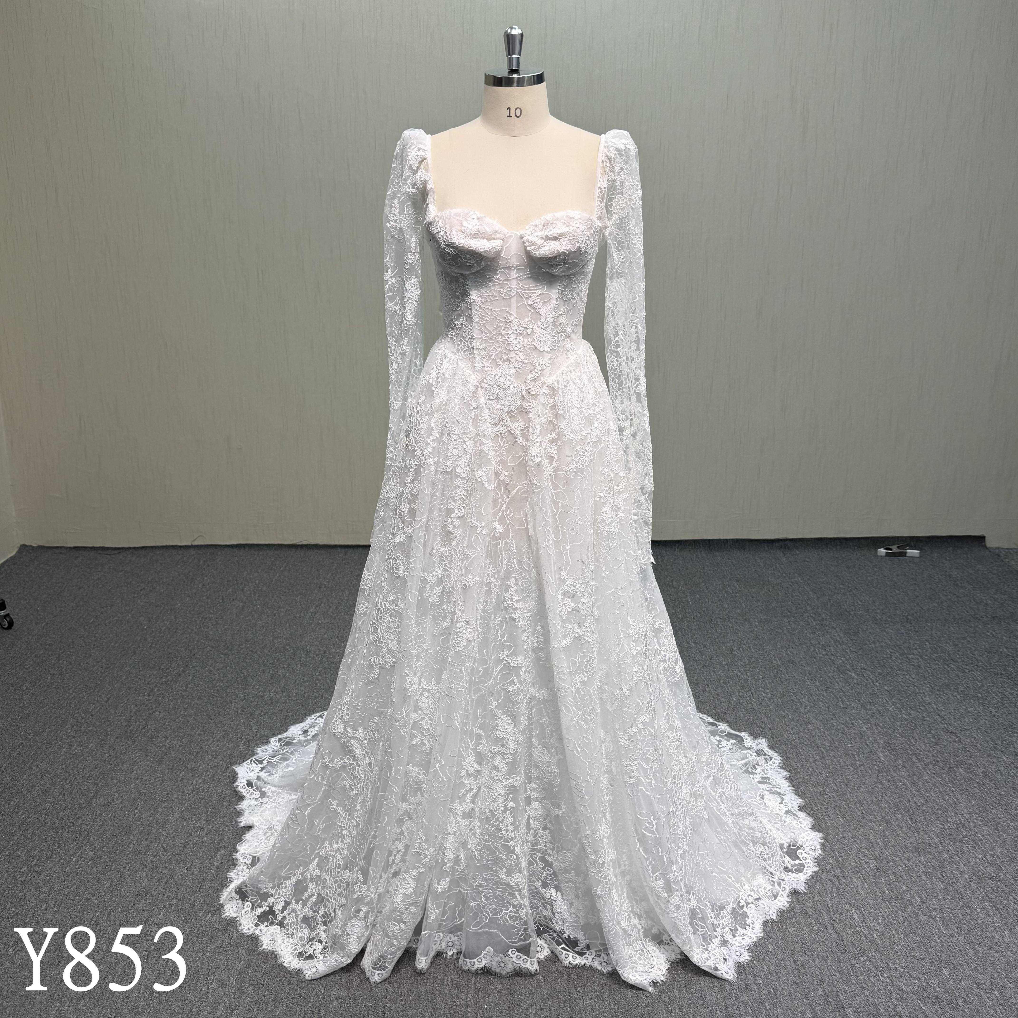 Y853 Ethereal Long Sleeve Lace Bridal Gown with Draped Sleeves and Corset Bodice