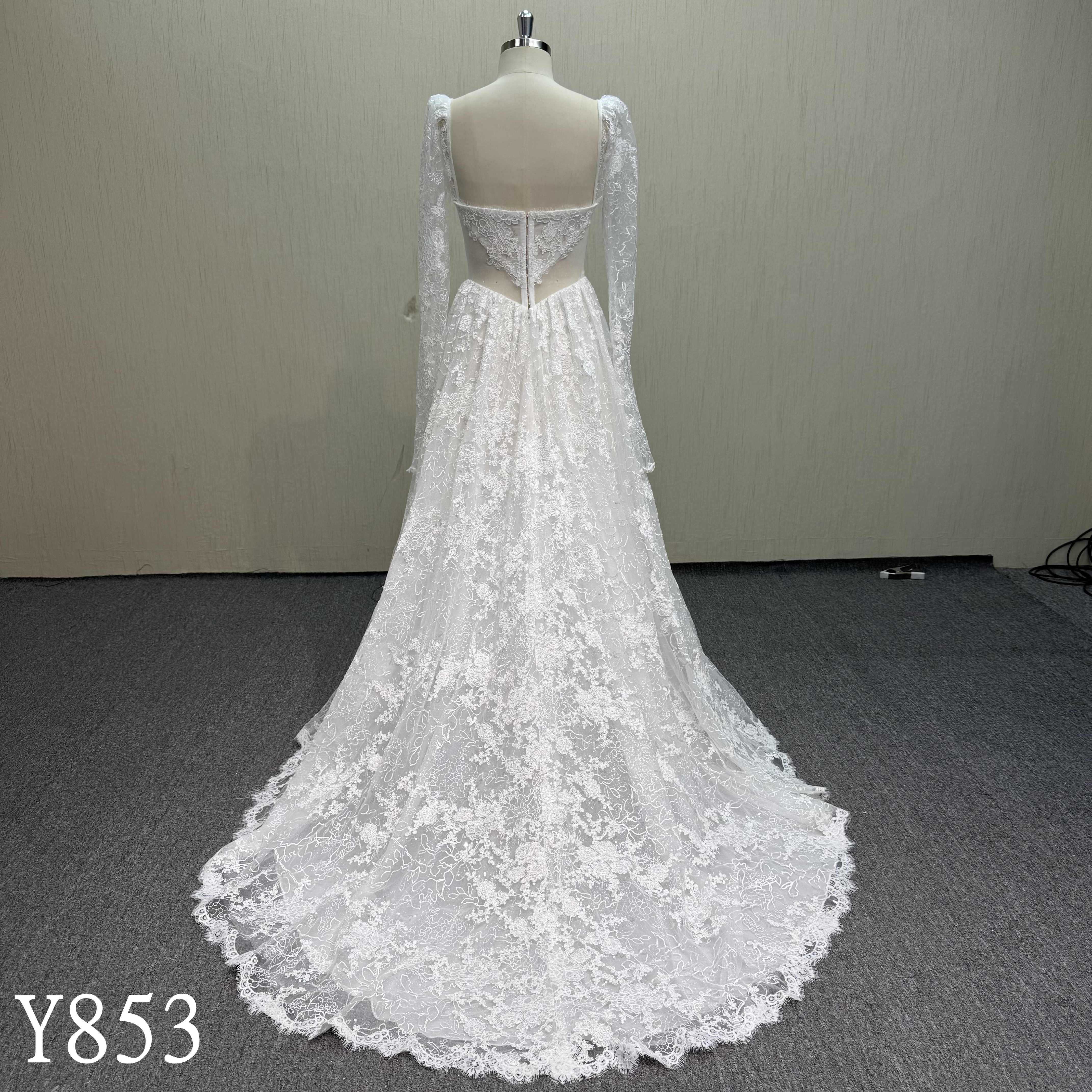 Y853 Ethereal Long Sleeve Lace Bridal Gown with Draped Sleeves and Corset Bodice