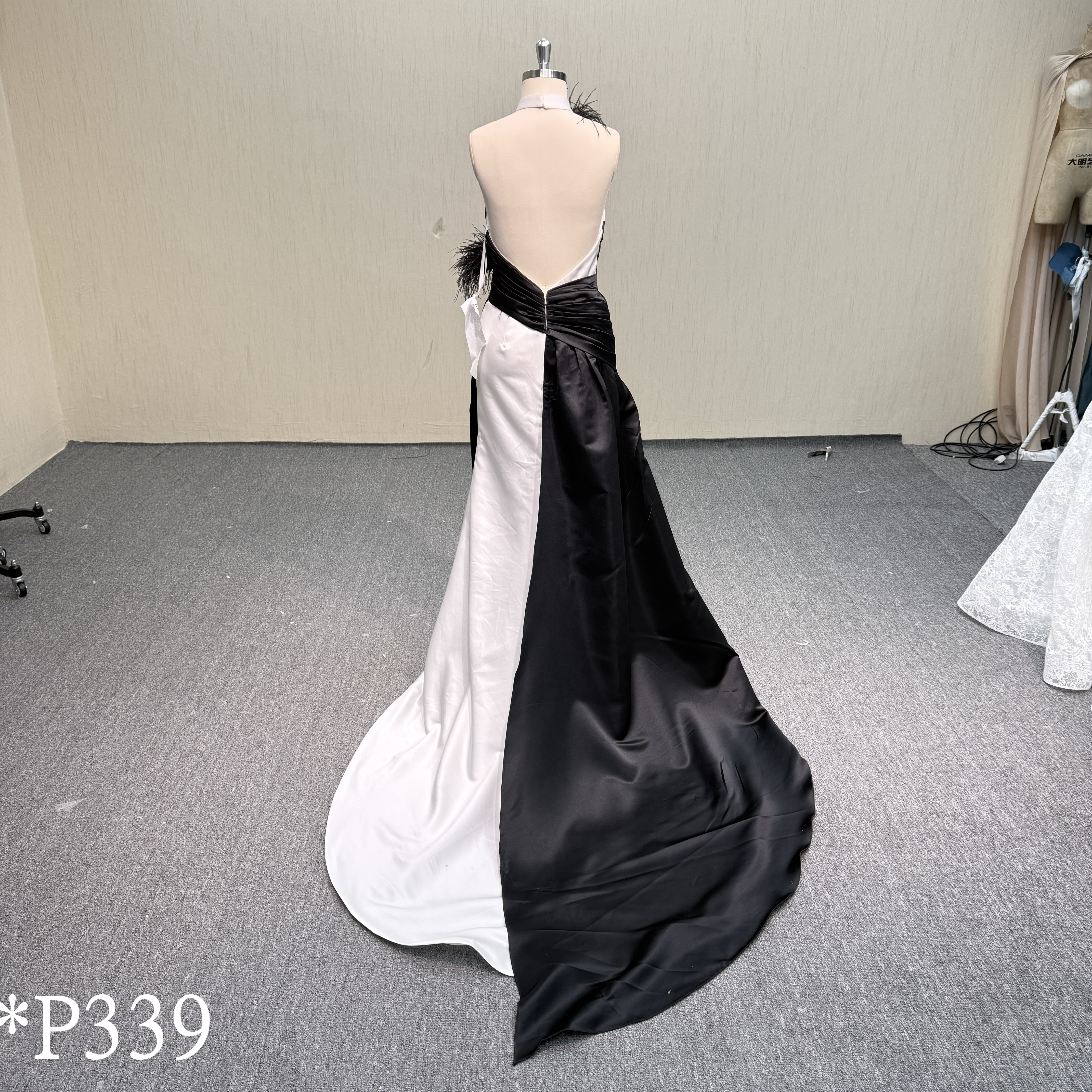 P339 Bold Black and White Color-Block Satin Evening Gown with Ostrich Feather Accents