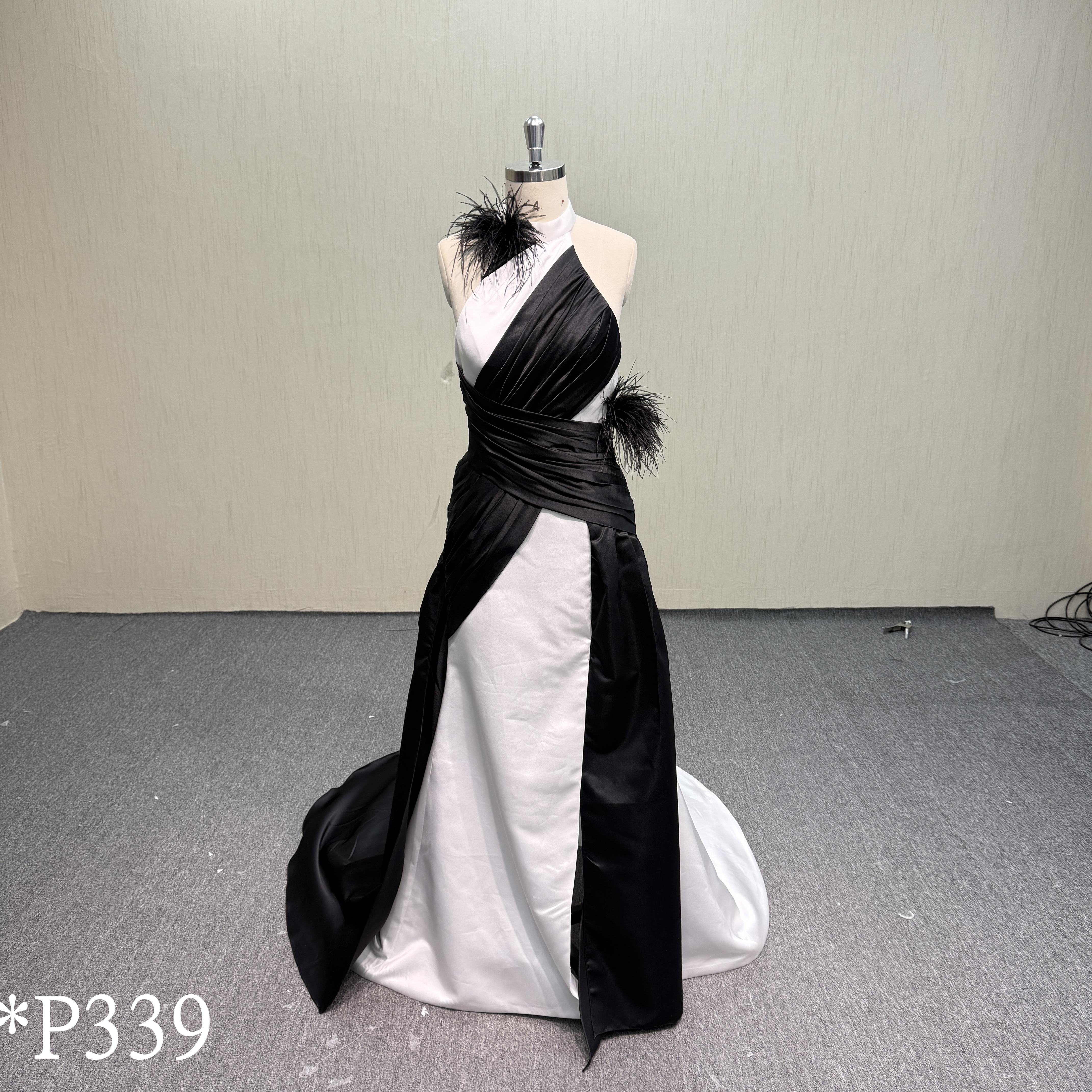 P339 Bold Black and White Color-Block Satin Evening Gown with Ostrich Feather Accents