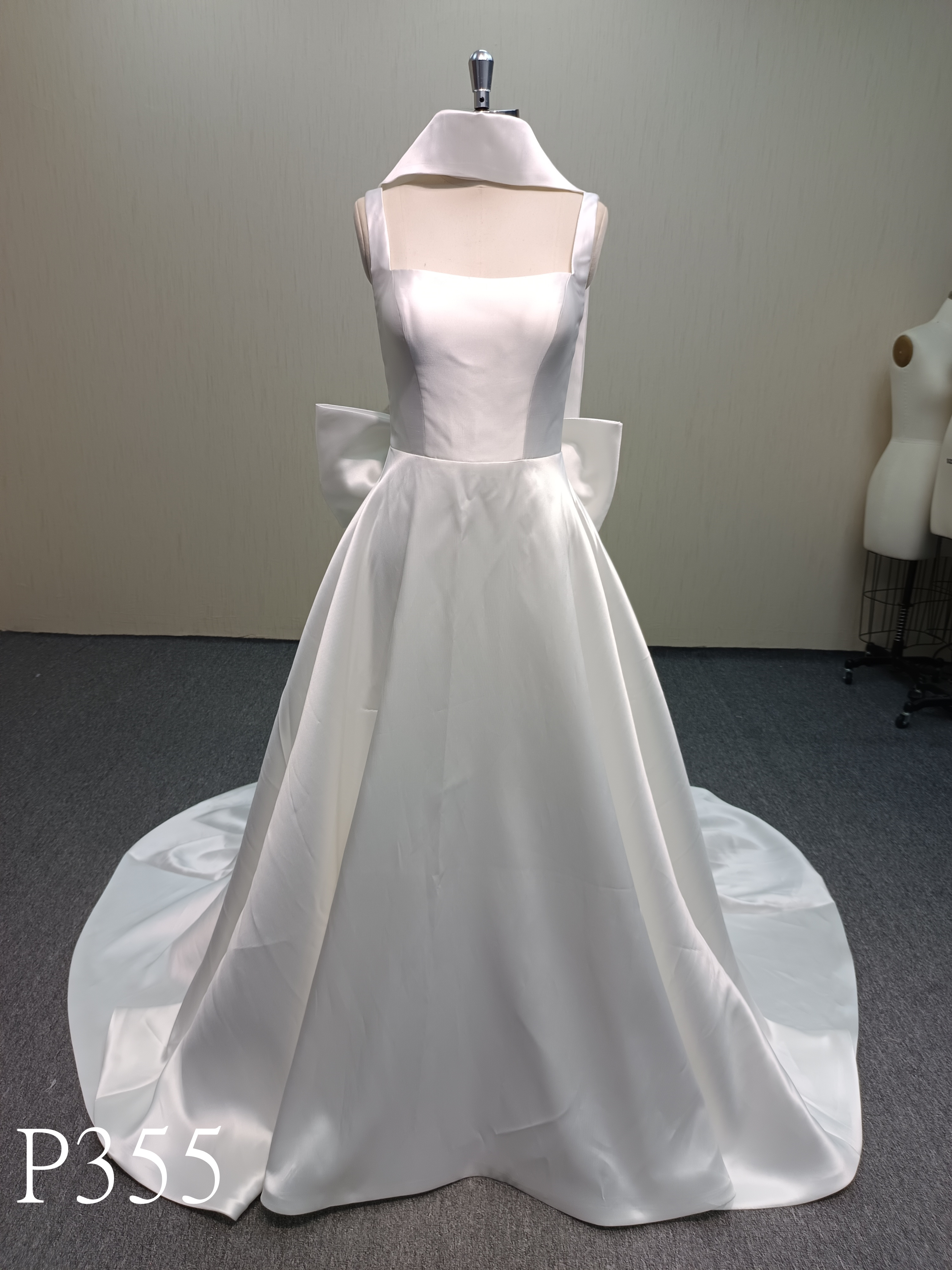 P355 Classic Mikado Satin Gown with Convertible Scarf Collar and Beautiful Deep Back Bow