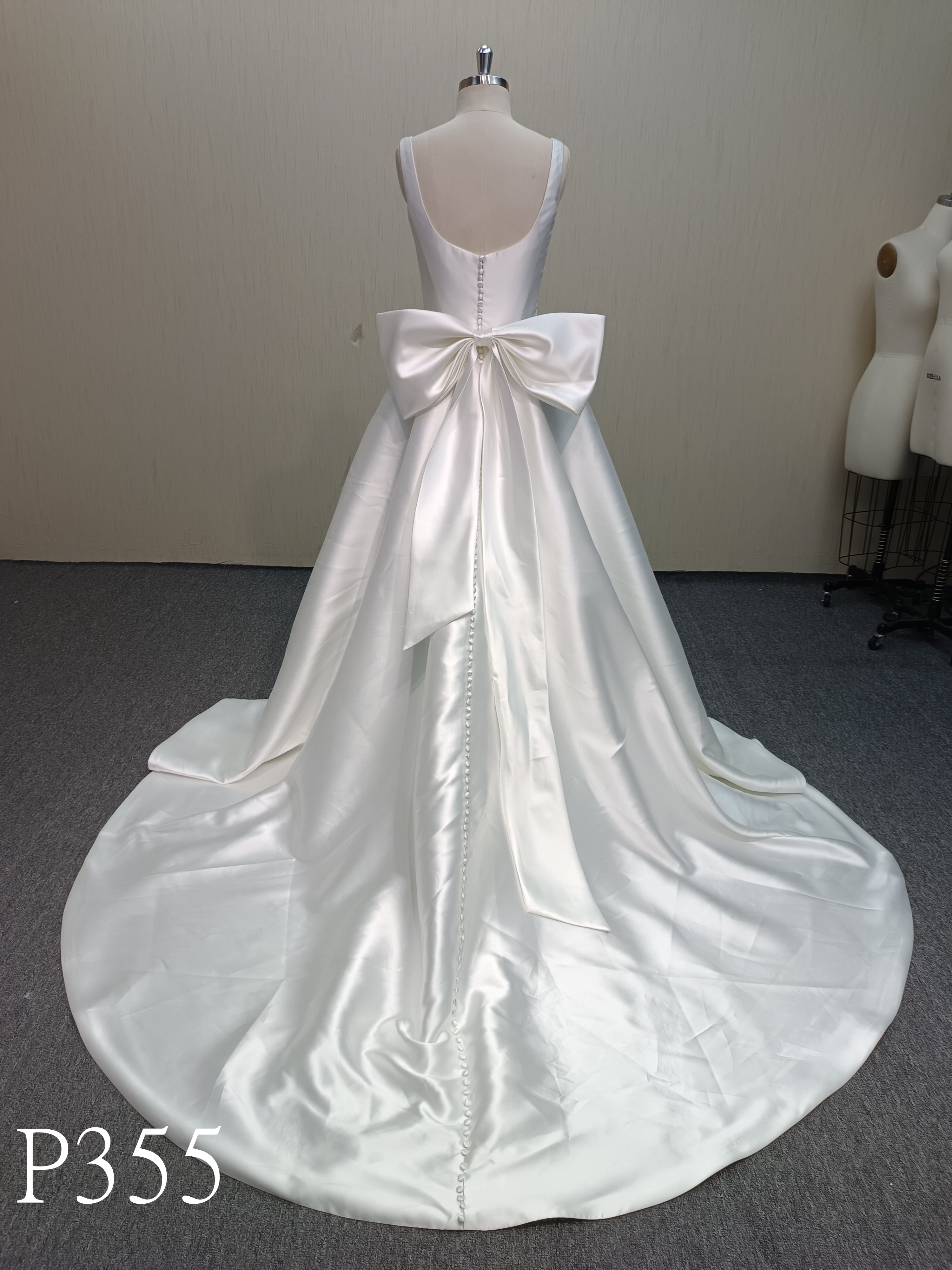 P355 Classic Mikado Satin Gown with Convertible Scarf Collar and Beautiful Deep Back Bow