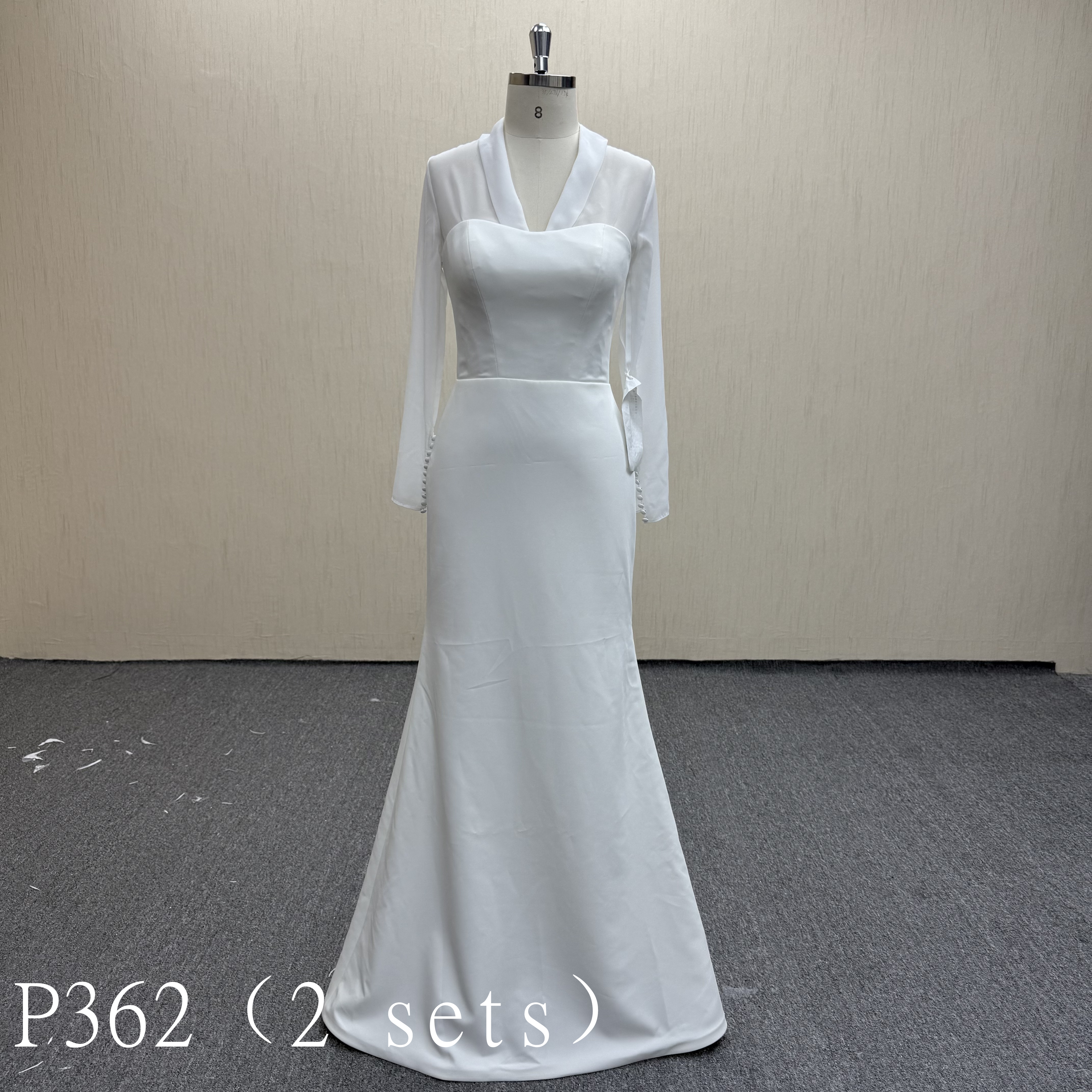 P362 Refined 2-Piece Wedding Ensemble with Overlap Neckline and Long Pearl-Button Sleeves