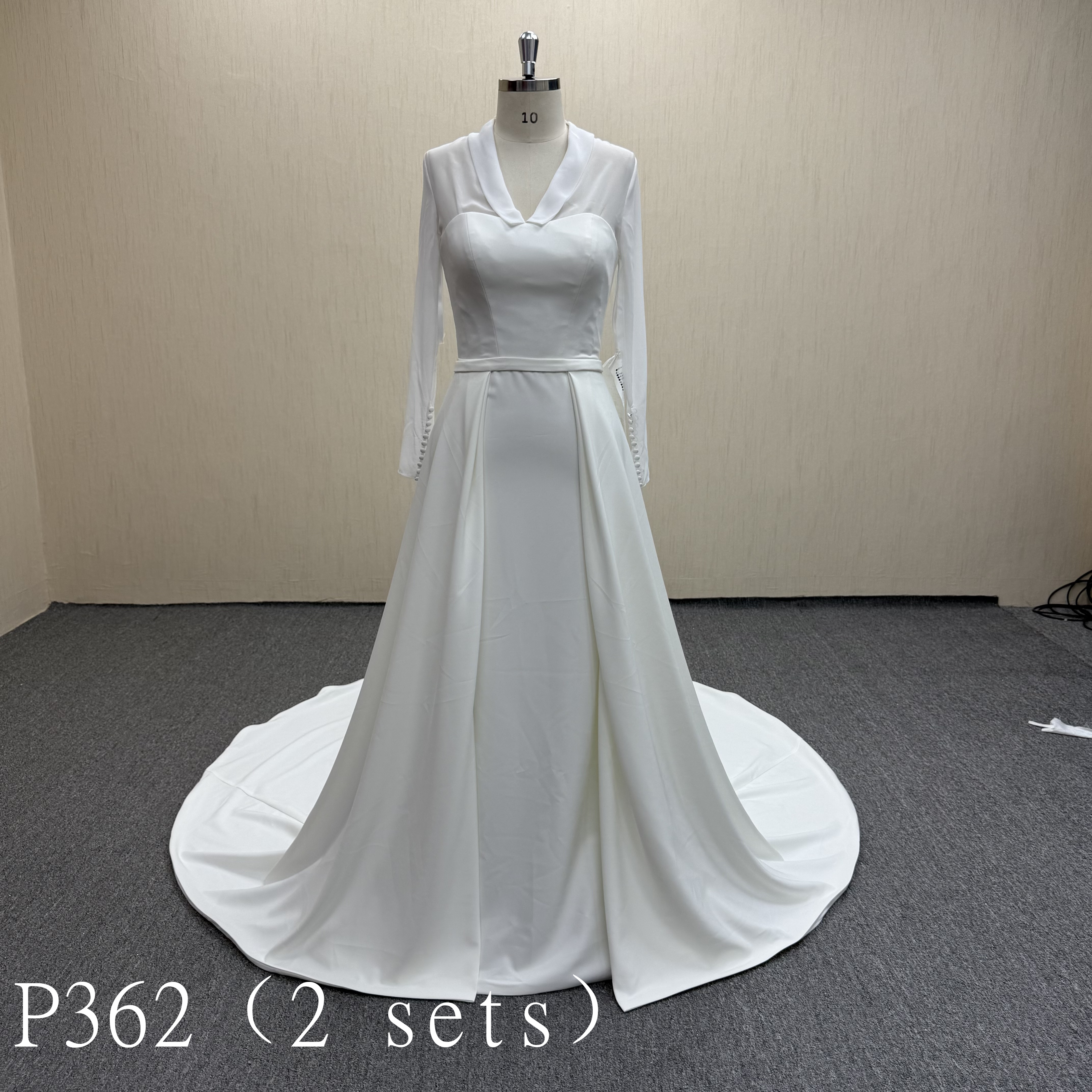 P362 Refined 2-Piece Wedding Ensemble with Overlap Neckline and Long Pearl-Button Sleeves