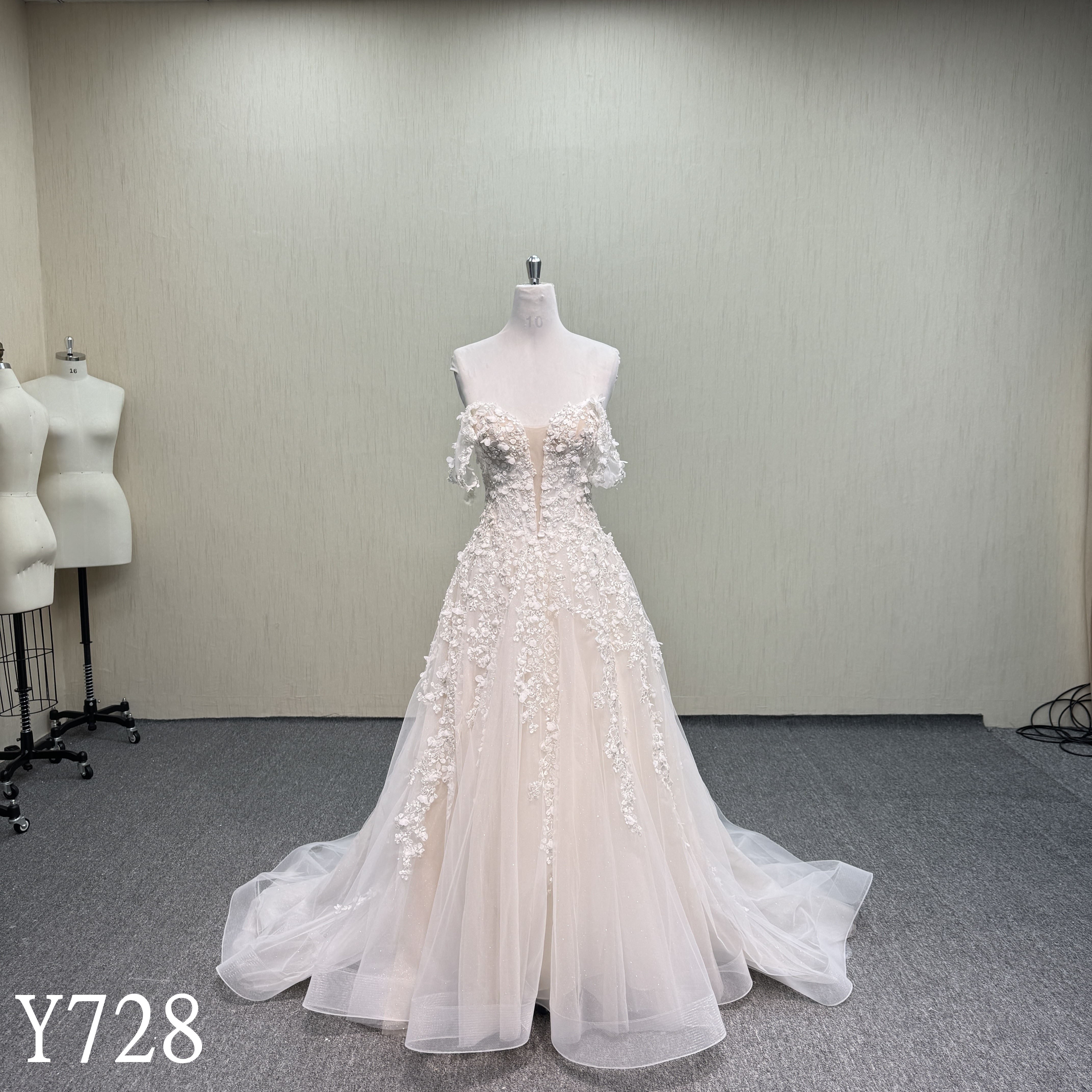 Y728 3D Floral Lace Off-Shoulder A-Line Wedding Dress with Corset Back and Cascading Details