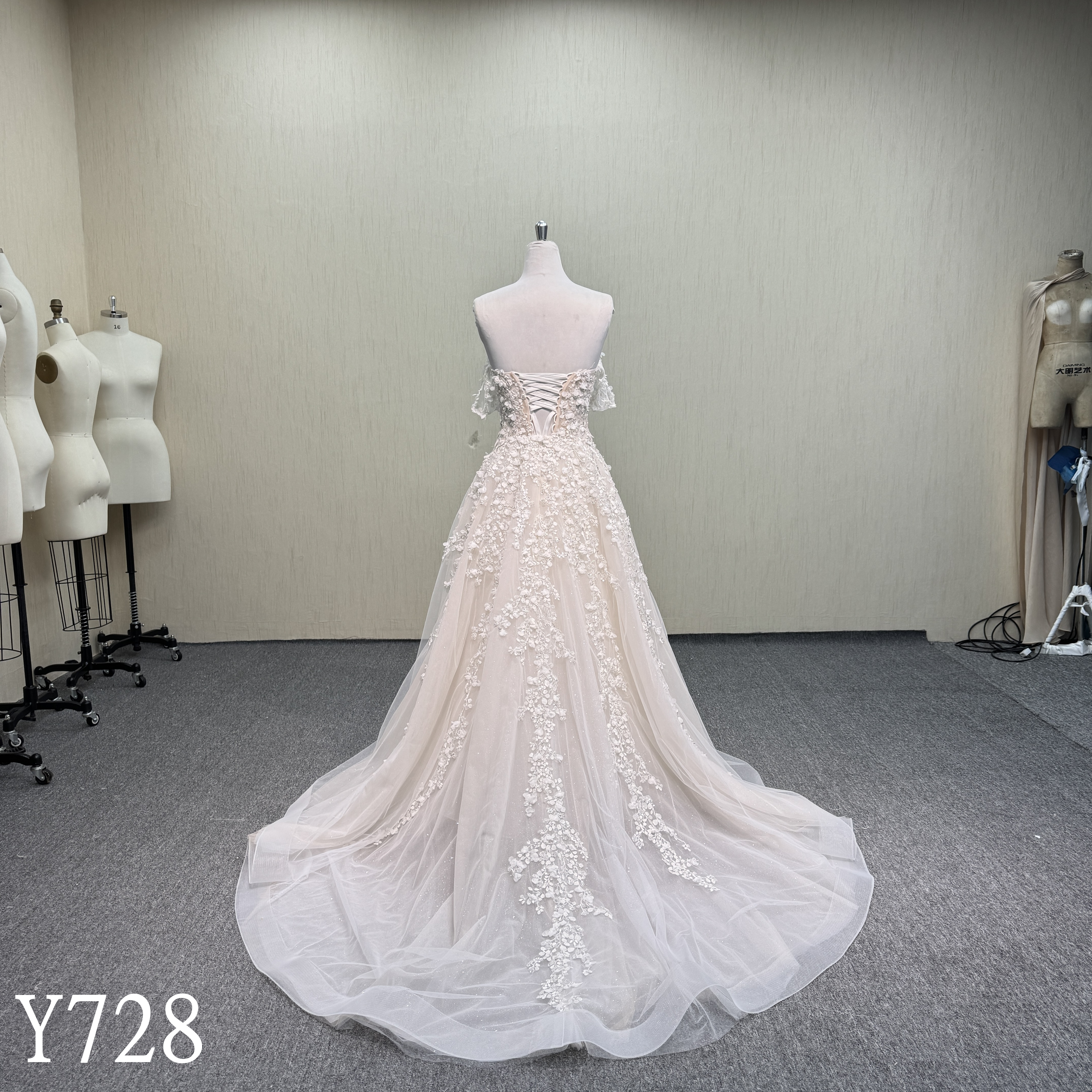 Y728 3D Floral Lace Off-Shoulder A-Line Wedding Dress with Corset Back and Cascading Details