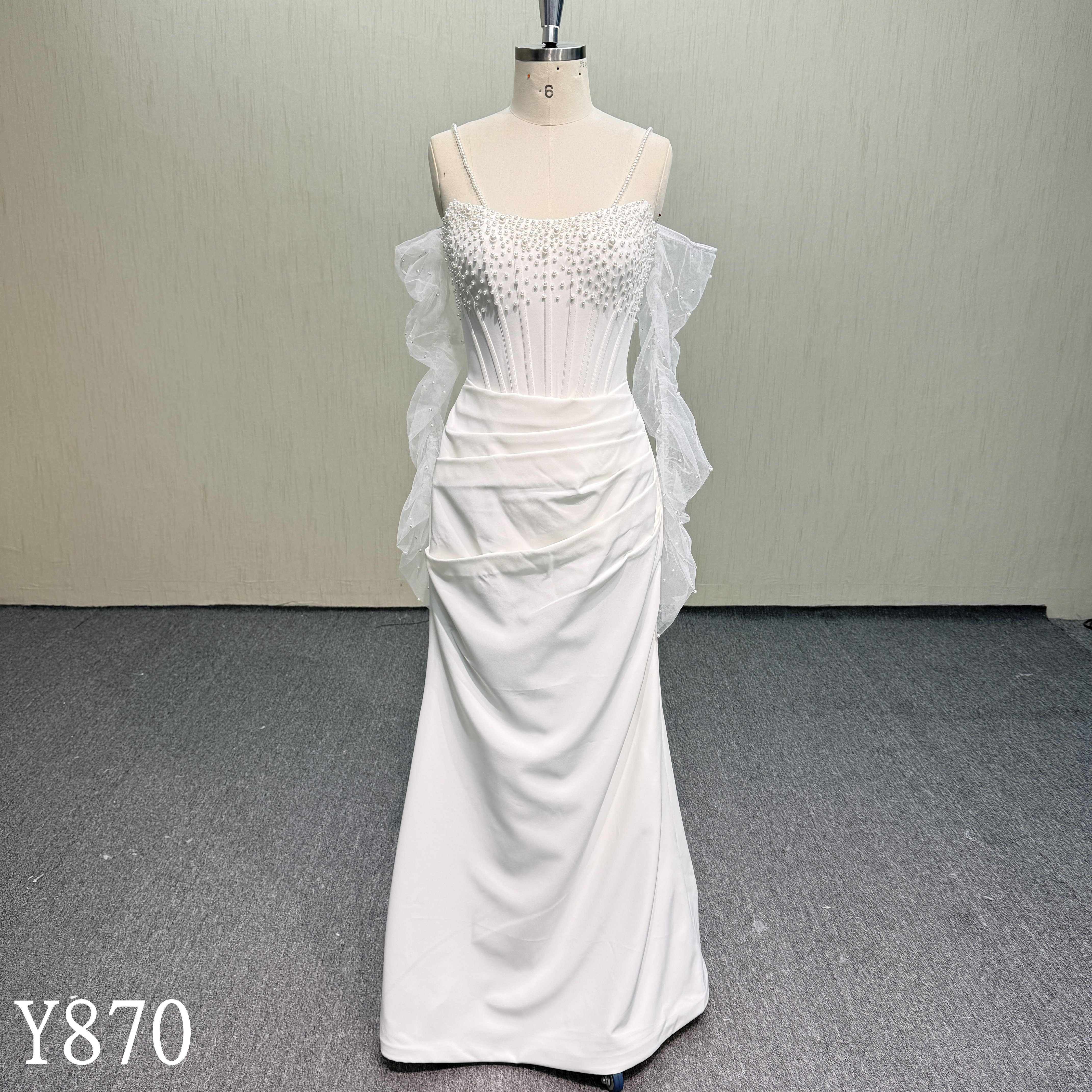 Y870 Pearl Beaded Corset Sheath Dress with Detached Tulle Flutter Sleeves