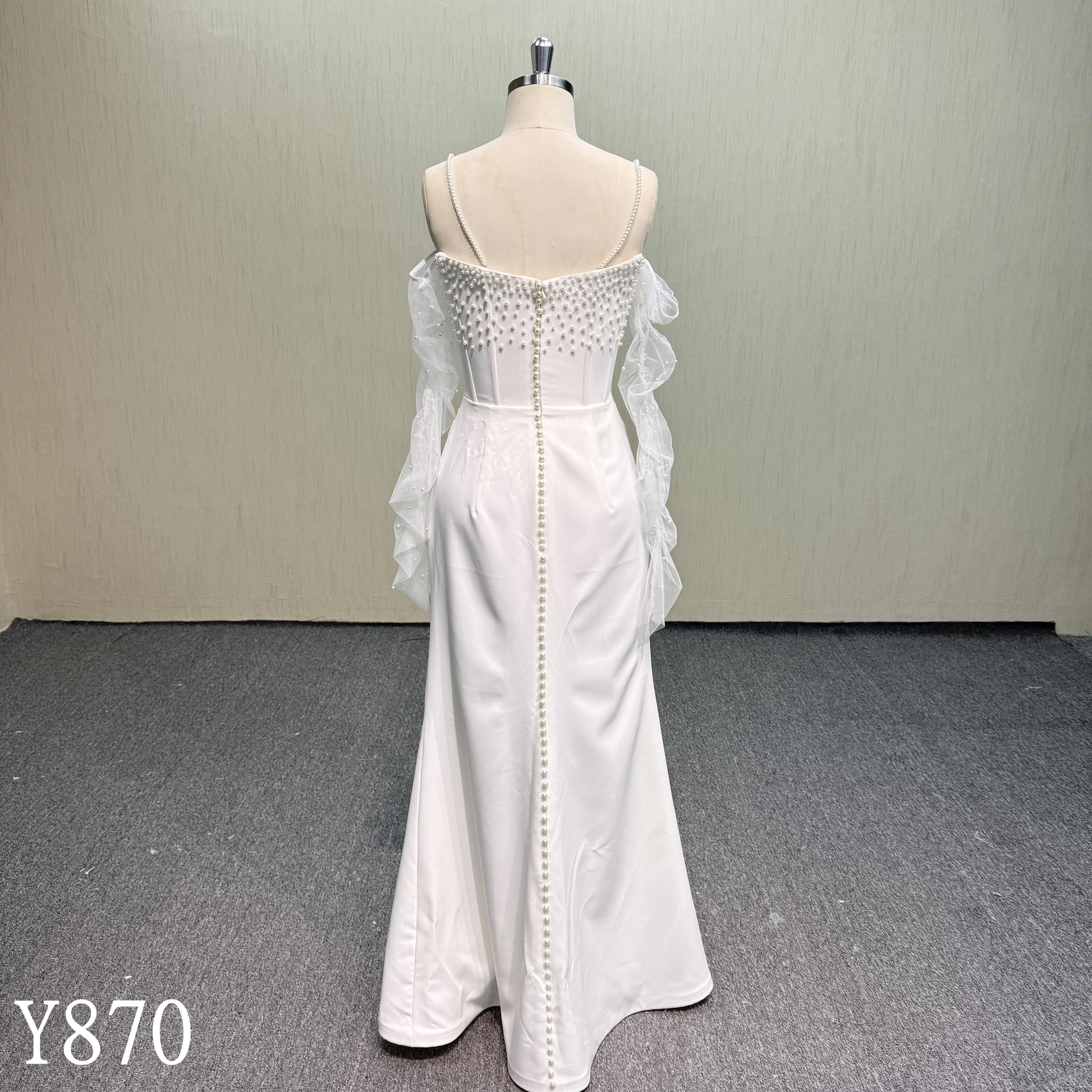 Y870 Pearl Beaded Corset Sheath Dress with Detached Tulle Flutter Sleeves