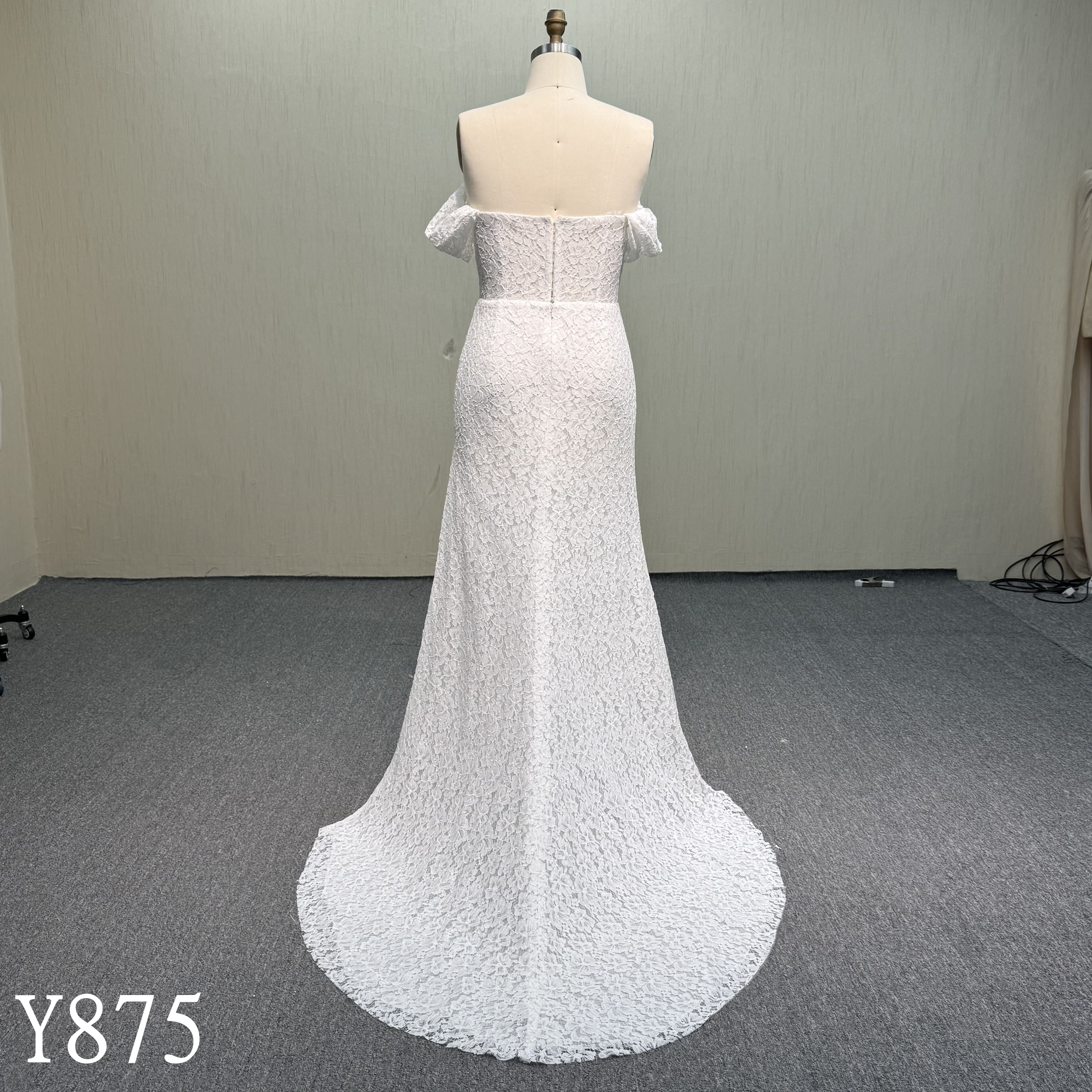 Y875 Off-Shoulder French Lace Mermaid Dress with Diagonal Ruched Bodice and Side Slit
