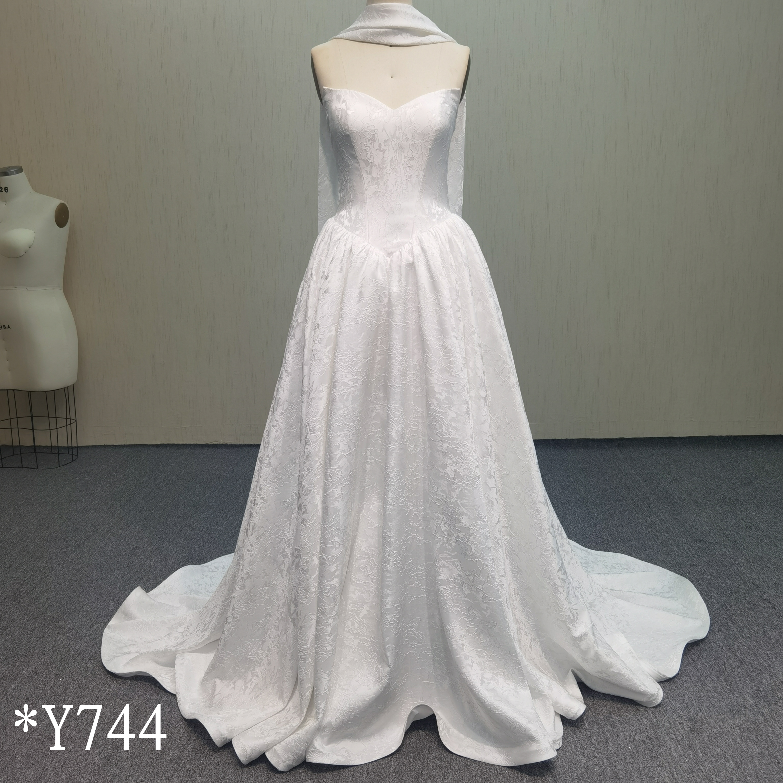 Y744 Strapless Jacquard A-Line Bridal Gown with Matching Elegant Scarf