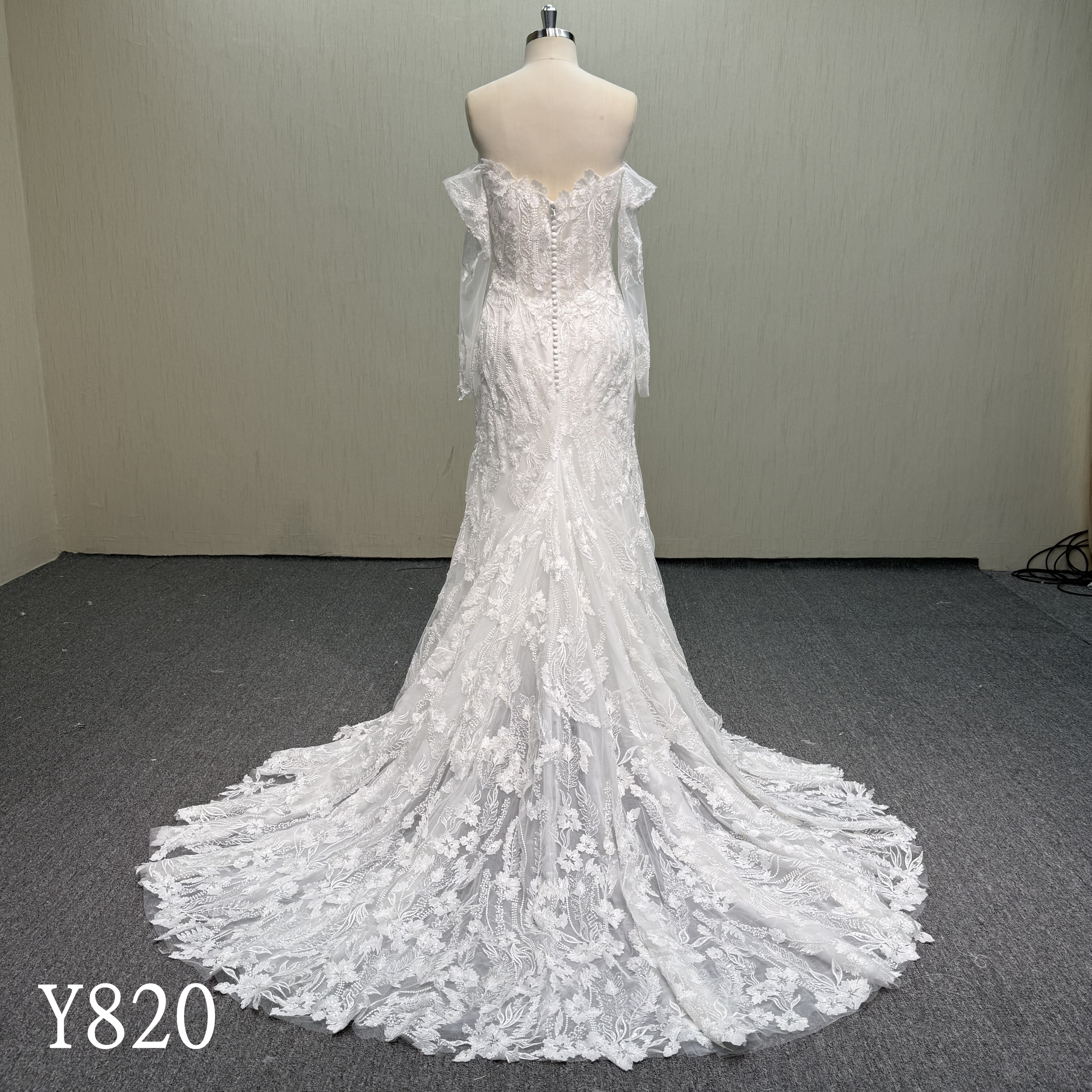 Y820 Elegant Off-Shoulder Beaded Floral Lace Mermaid Bridal Gown with Circular Lace Train