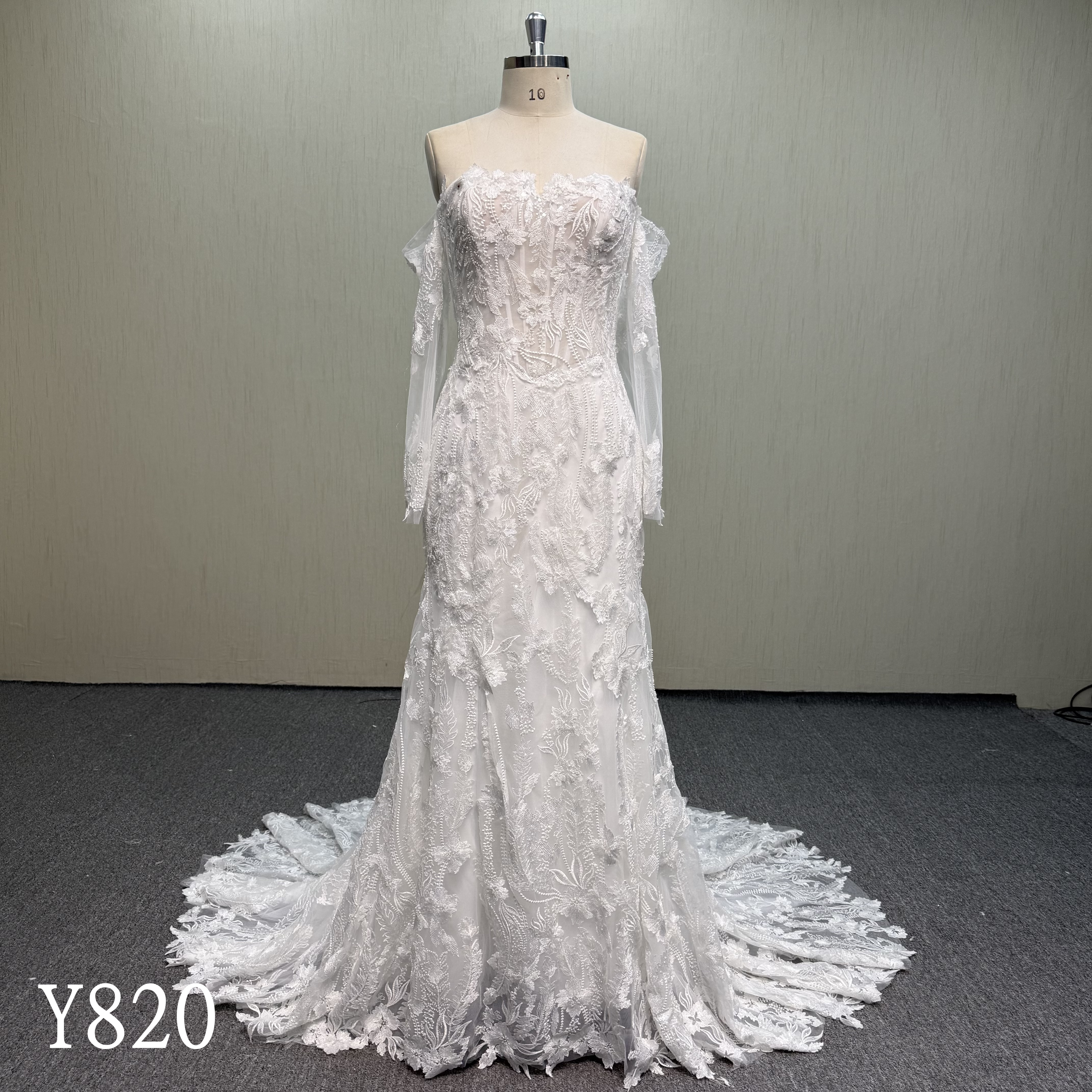 Y820 Elegant Off-Shoulder Beaded Floral Lace Mermaid Bridal Gown with Circular Lace Train