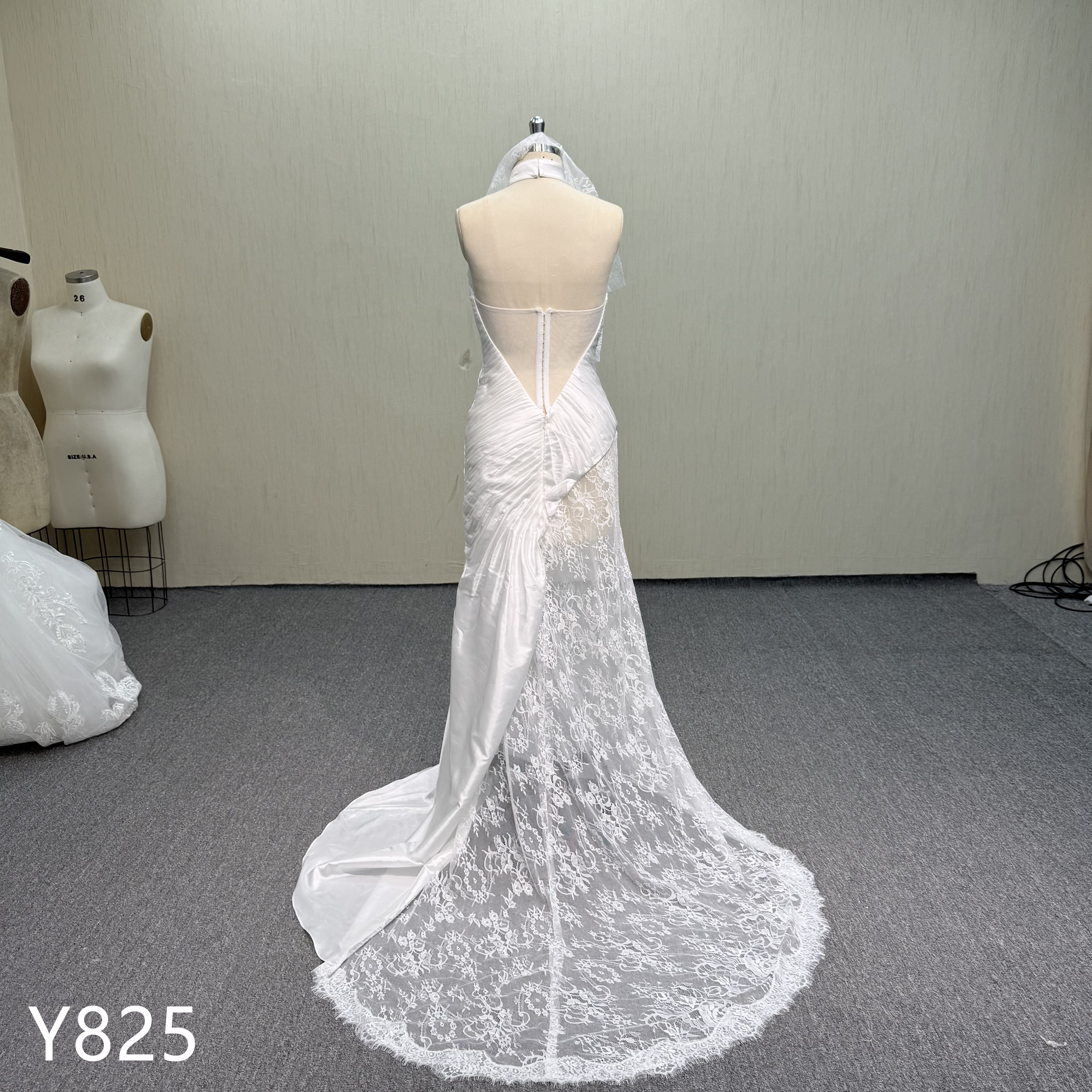 Y825 Chic Halter Neck Satin Wedding Dress with Asymmetrical Lace Overlay and Button Back