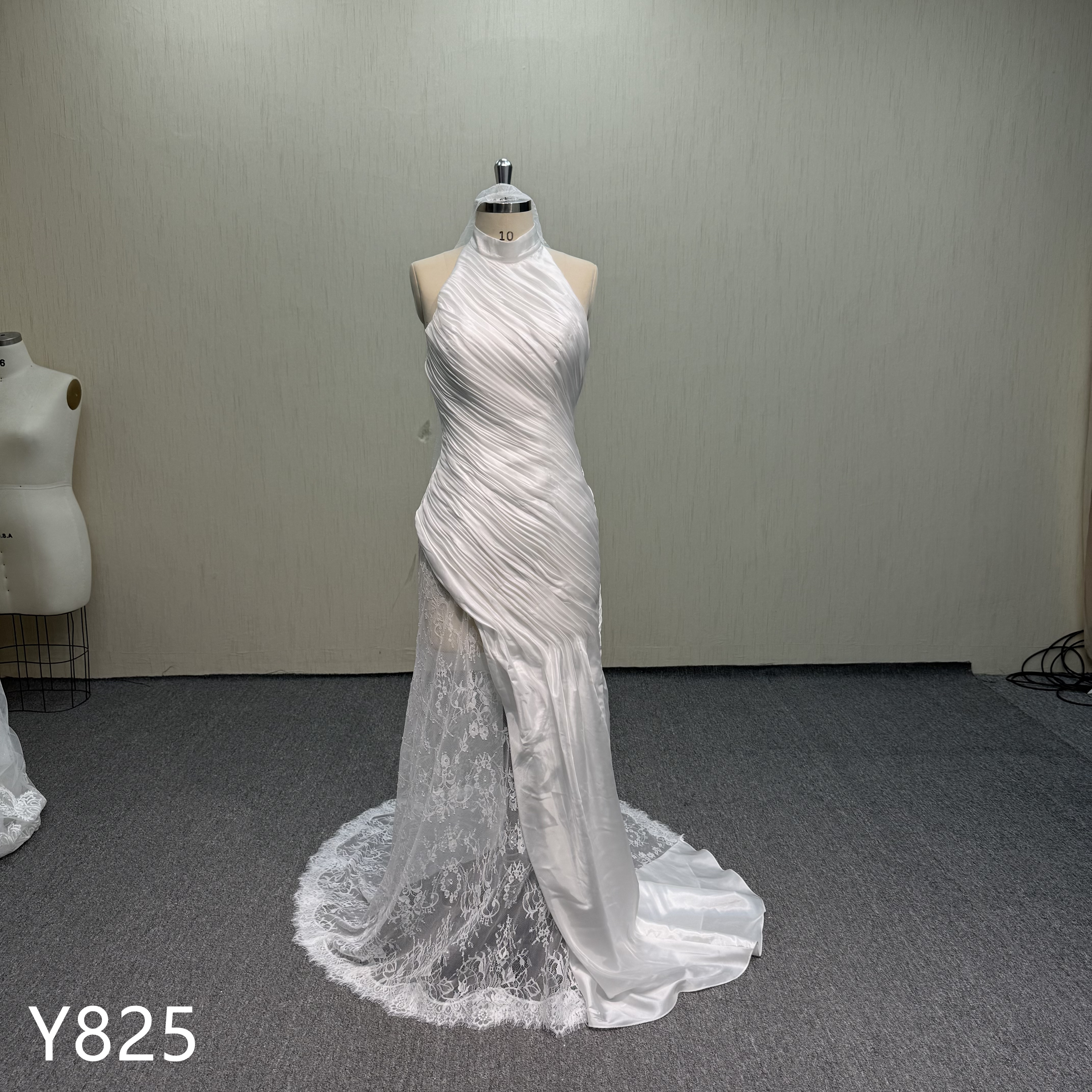 Y825 Chic Halter Neck Satin Wedding Dress with Asymmetrical Lace Overlay and Button Back