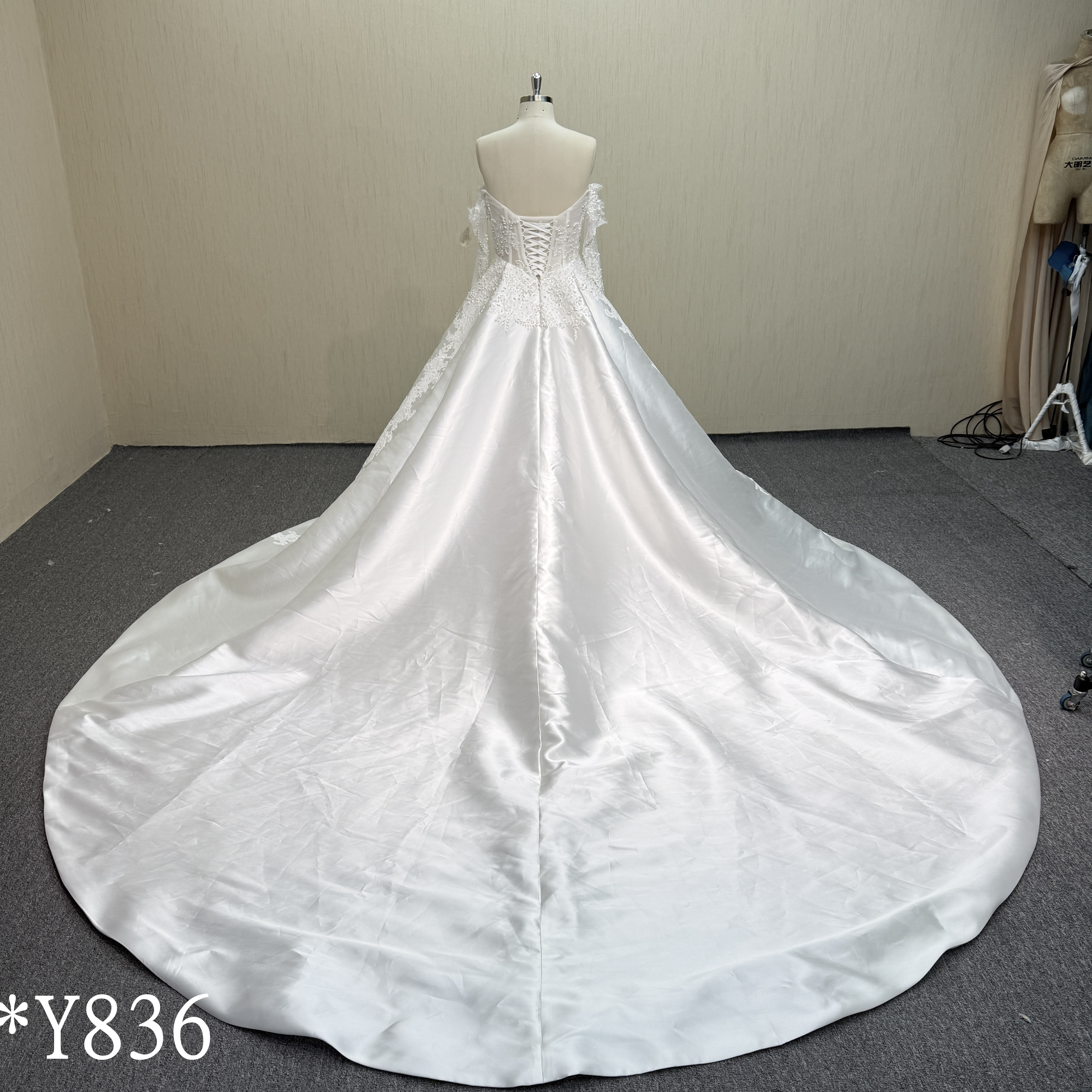 Y836 Luxury Mikado Satin Ballgown with Hand-Beaded Bodice, Center Pearls, and Front Slit