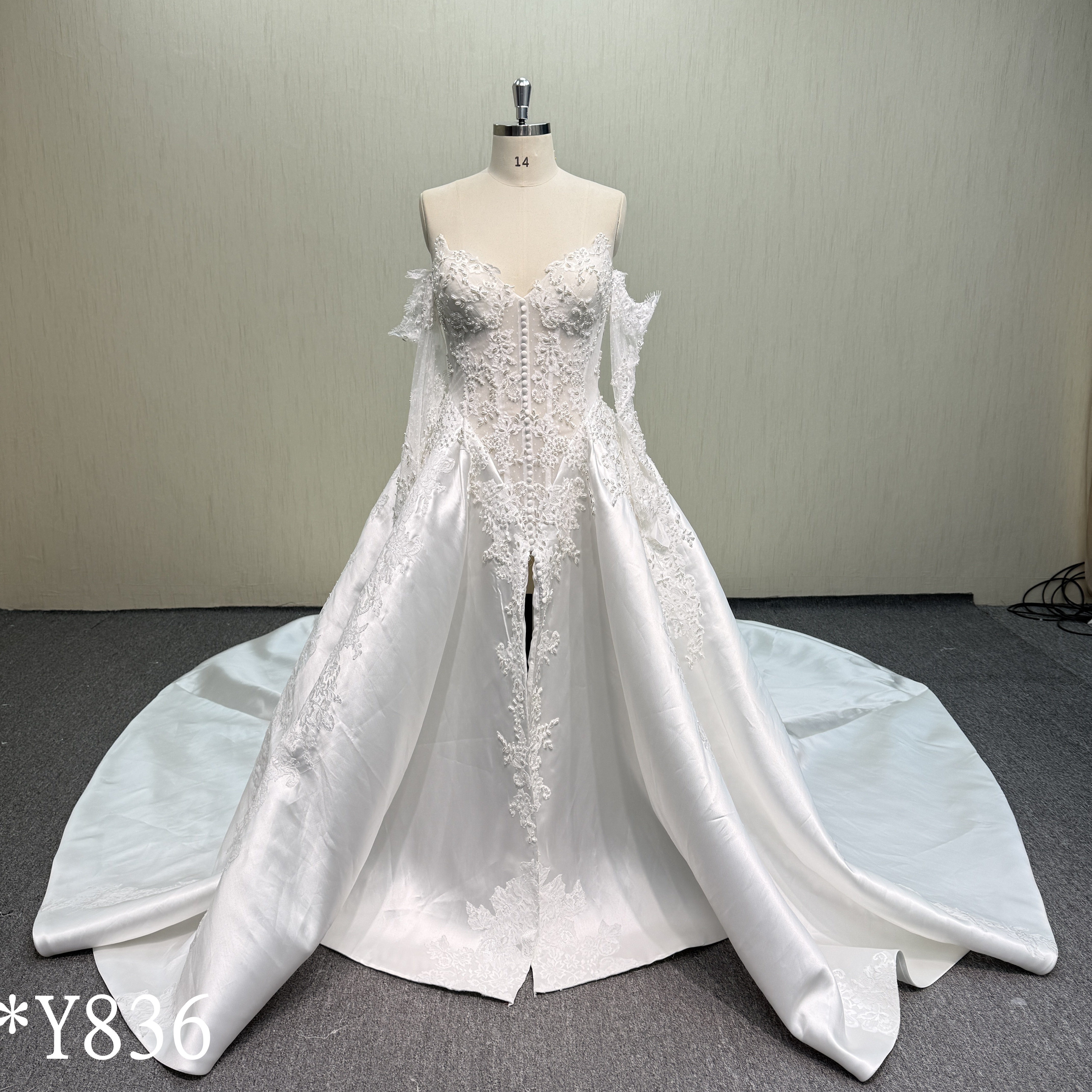 Y836 Luxury Mikado Satin Ballgown with Hand-Beaded Bodice, Center Pearls, and Front Slit