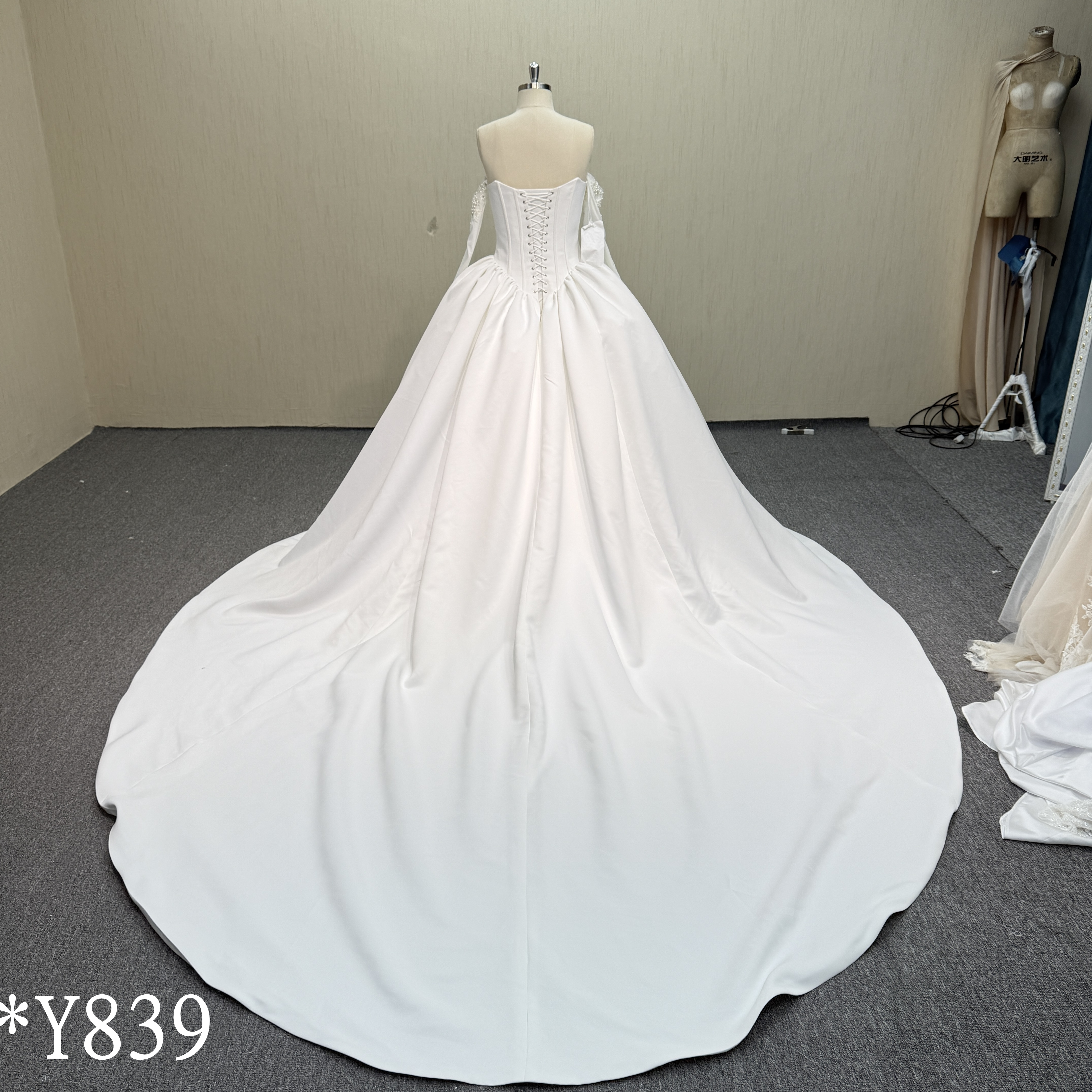 Y839 Luxurious Wide Train Mikado Satin Ballgown with Beaded Off-Shoulder Detail