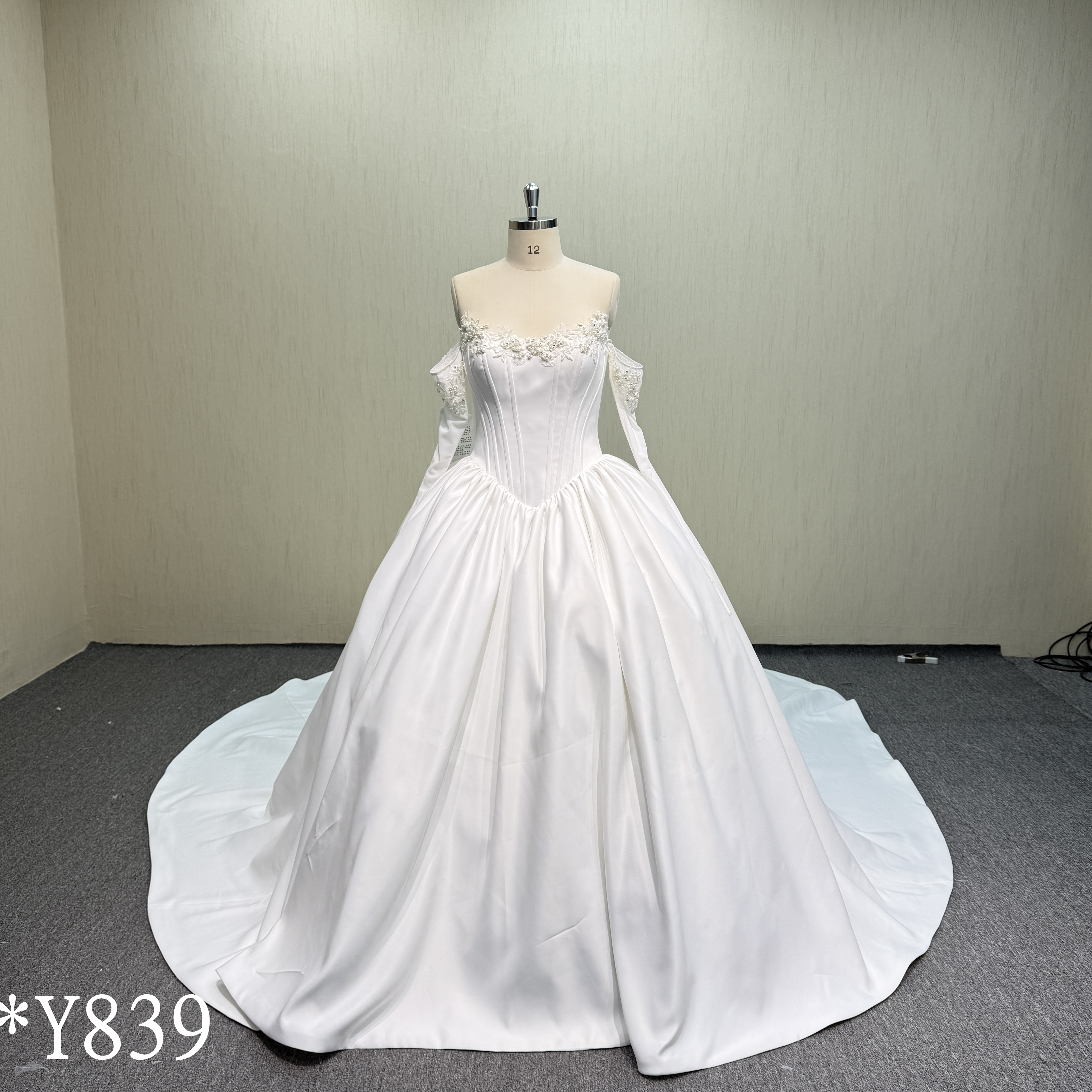 Y839 Luxurious Wide Train Mikado Satin Ballgown with Beaded Off-Shoulder Detail