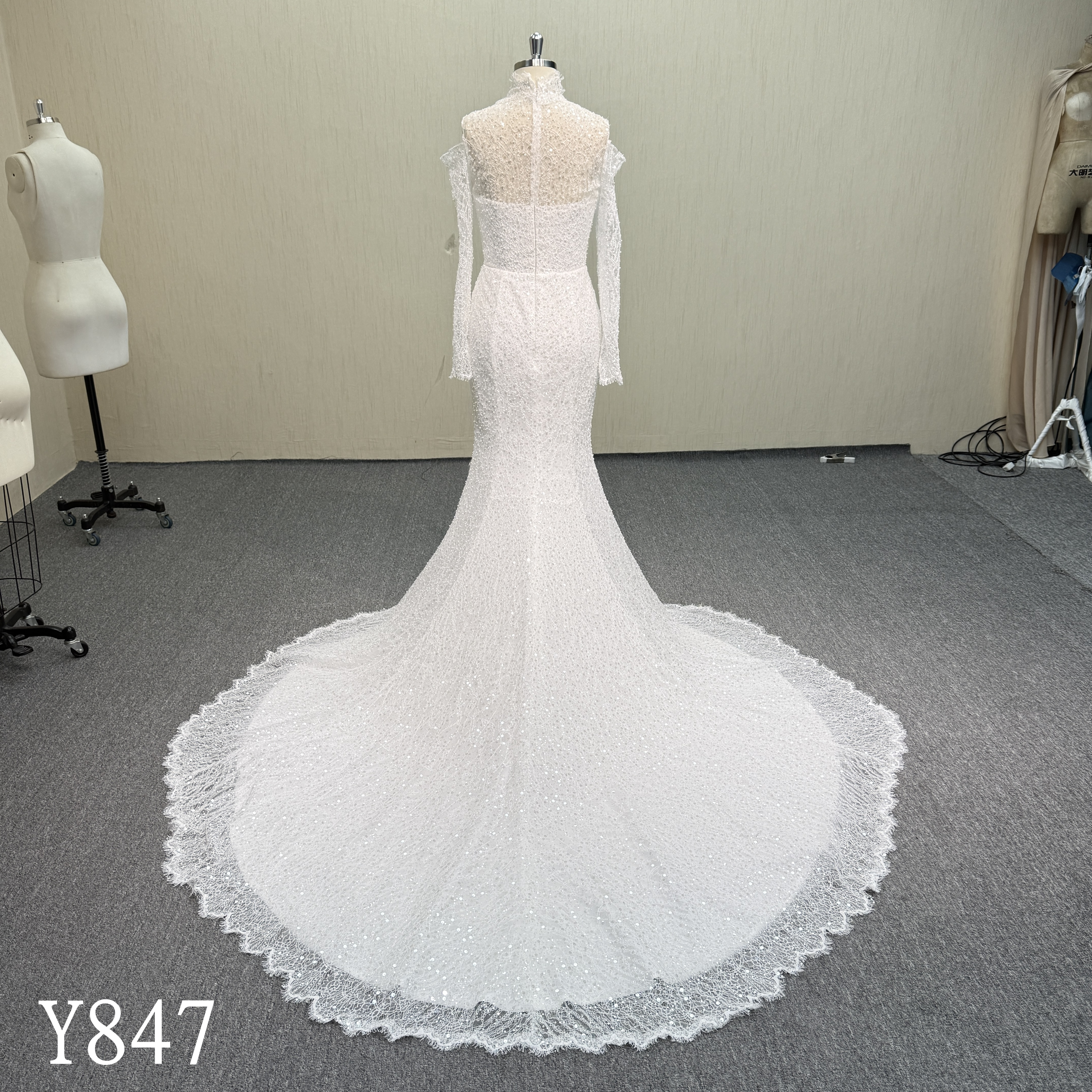 Y847 All-Over Beaded High Neck Long Sleeve Mermaid Dress with Dramatic Circular Train