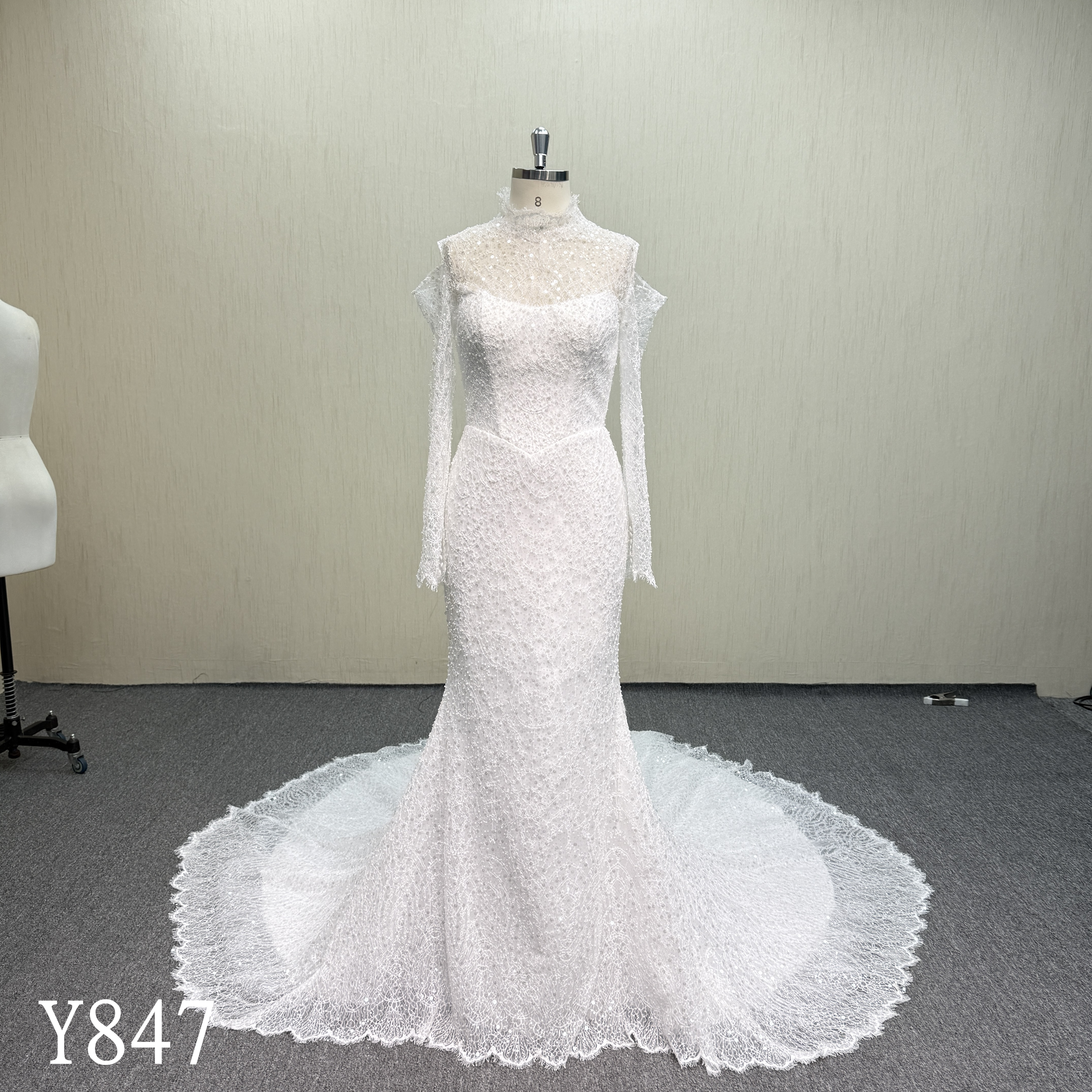 Y847 All-Over Beaded High Neck Long Sleeve Mermaid Dress with Dramatic Circular Train
