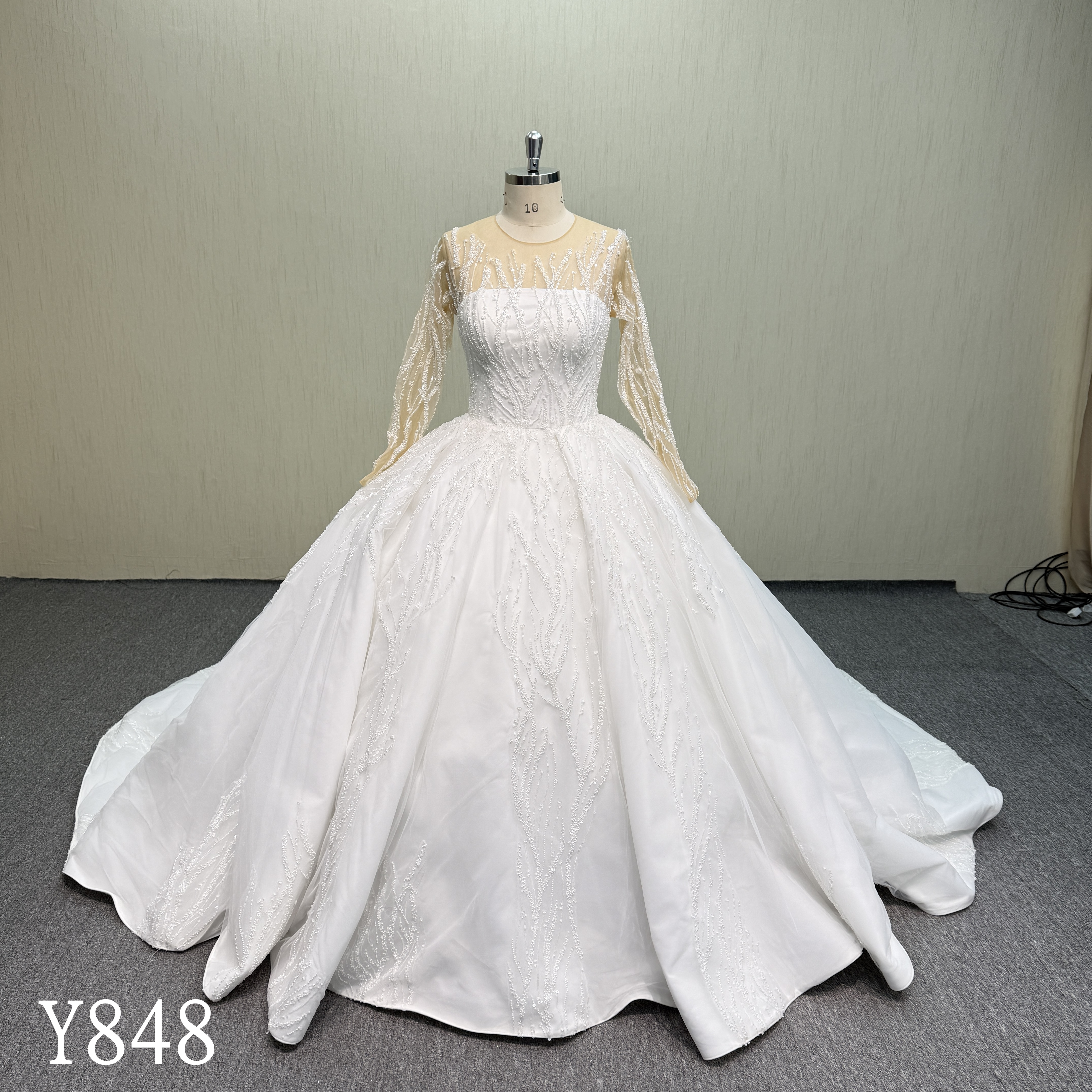 Y848 Majestic Embroidered Sheer Sleeve Ballgown with Vertical Branch Pattern and Pearl Row