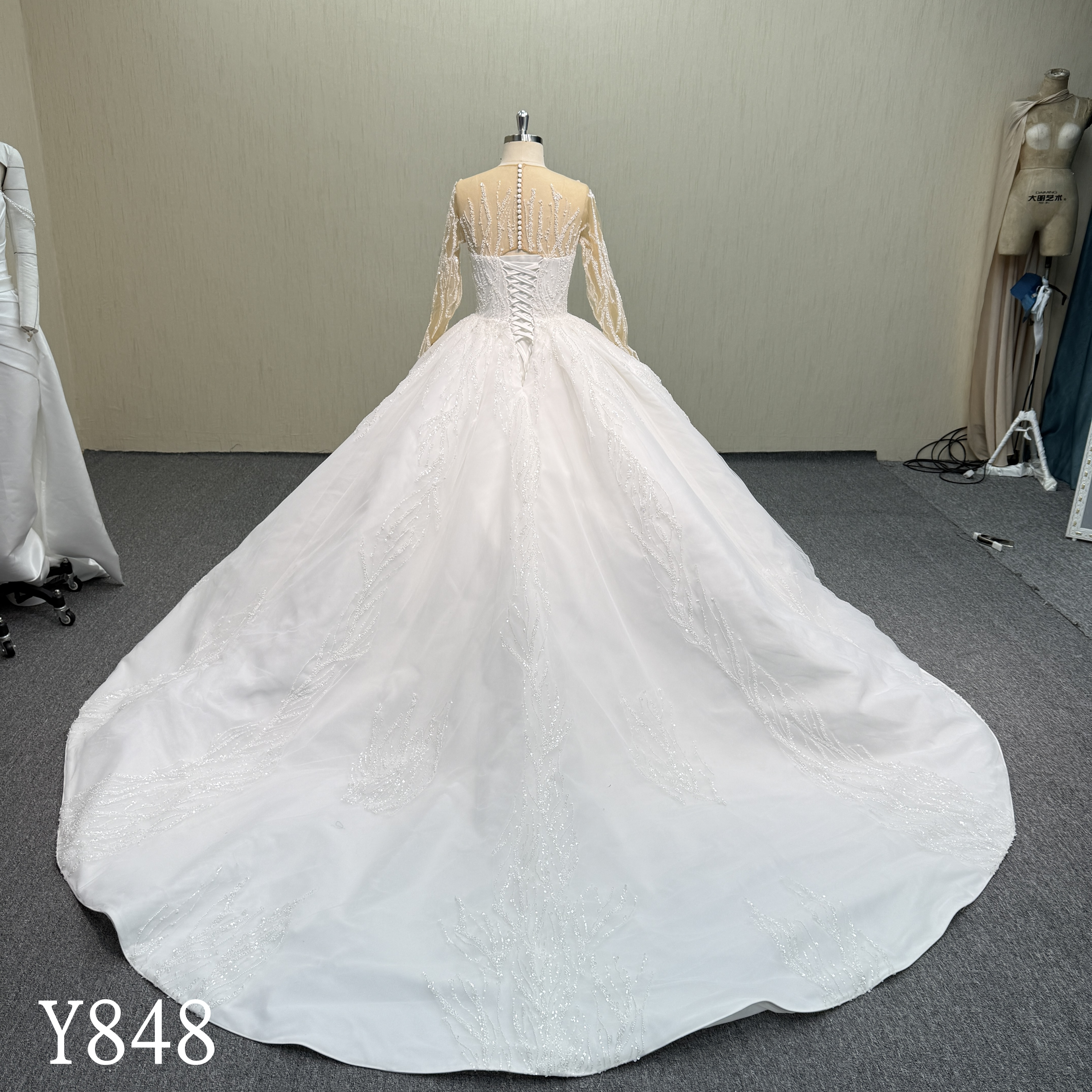 Y848 Majestic Embroidered Sheer Sleeve Ballgown with Vertical Branch Pattern and Pearl Row