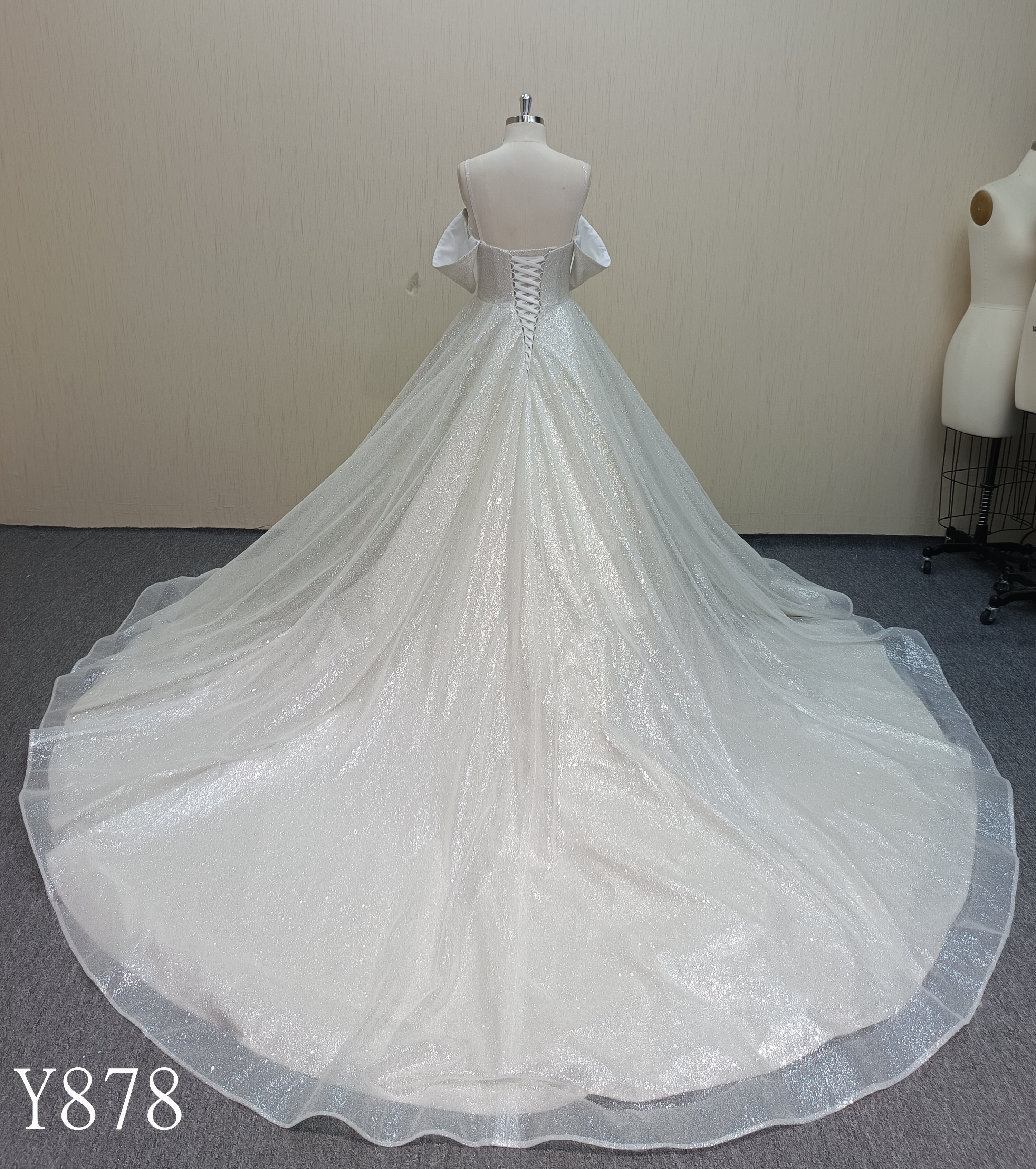 Y878 Glamorous Sparkly Tulle Wedding Dress with Dropped Sleeves and Corset Lace Back