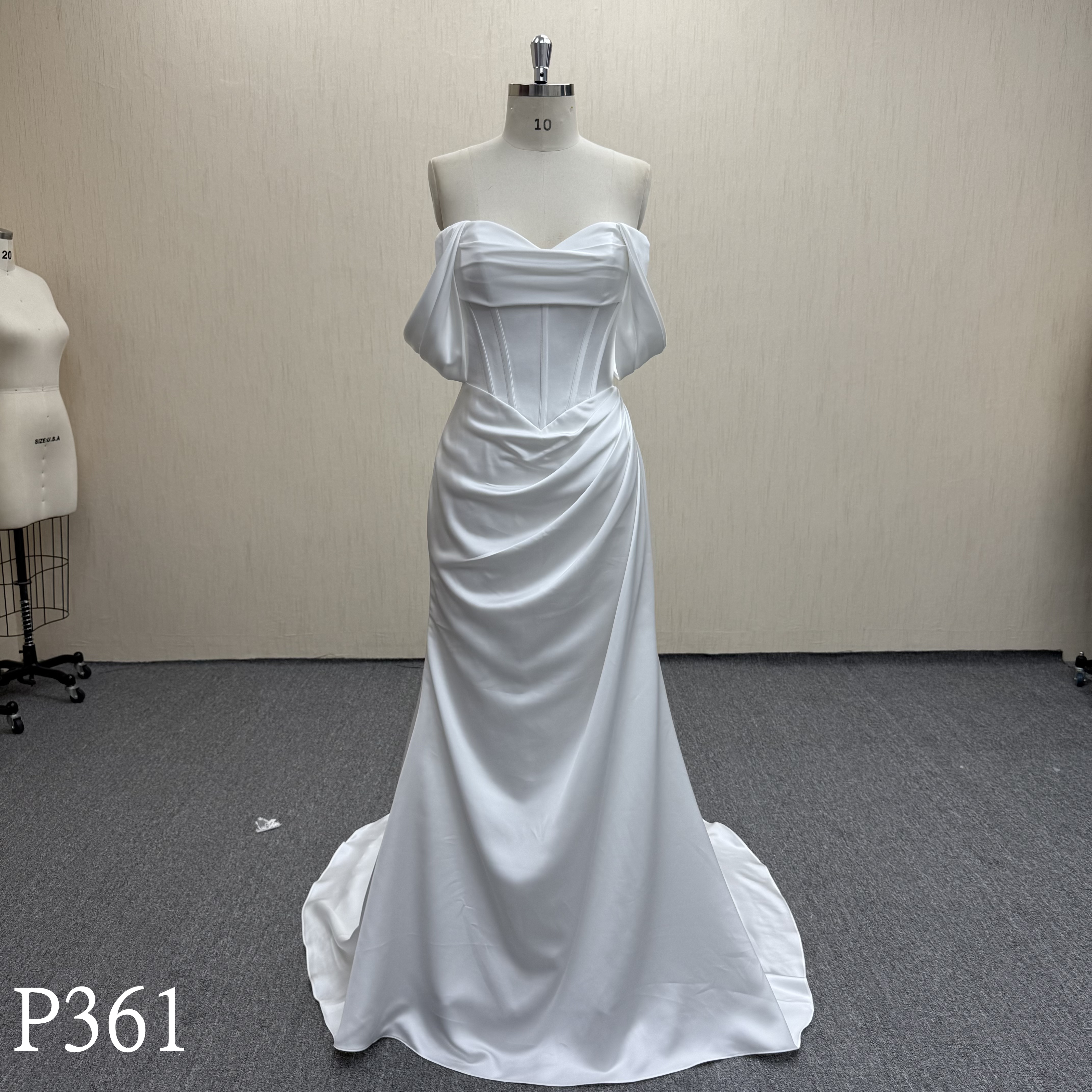 P361 Elegant Off-Shoulder Satin Mermaid Bridal Dress with Side Ruching