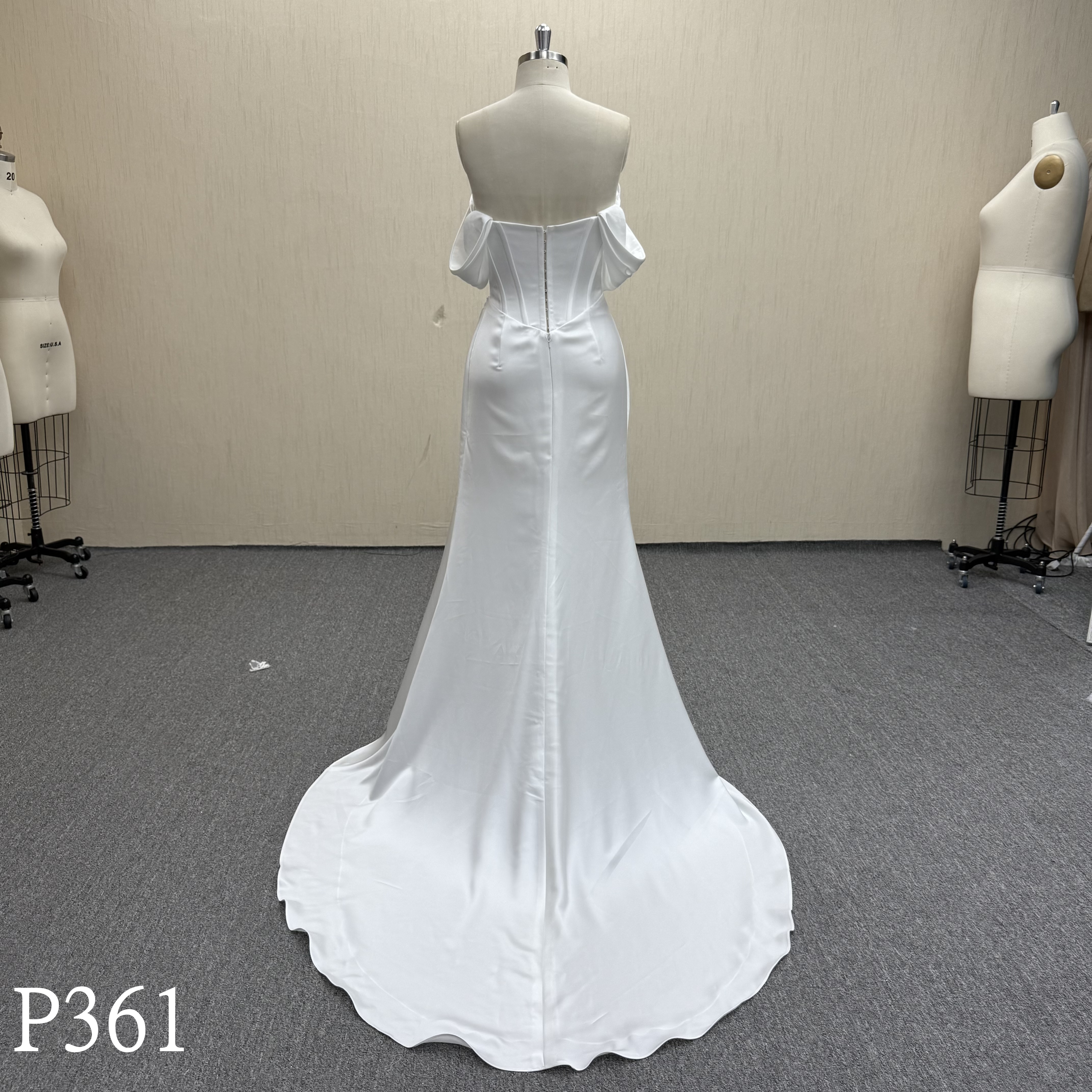 P361 Elegant Off-Shoulder Satin Mermaid Bridal Dress with Side Ruching
