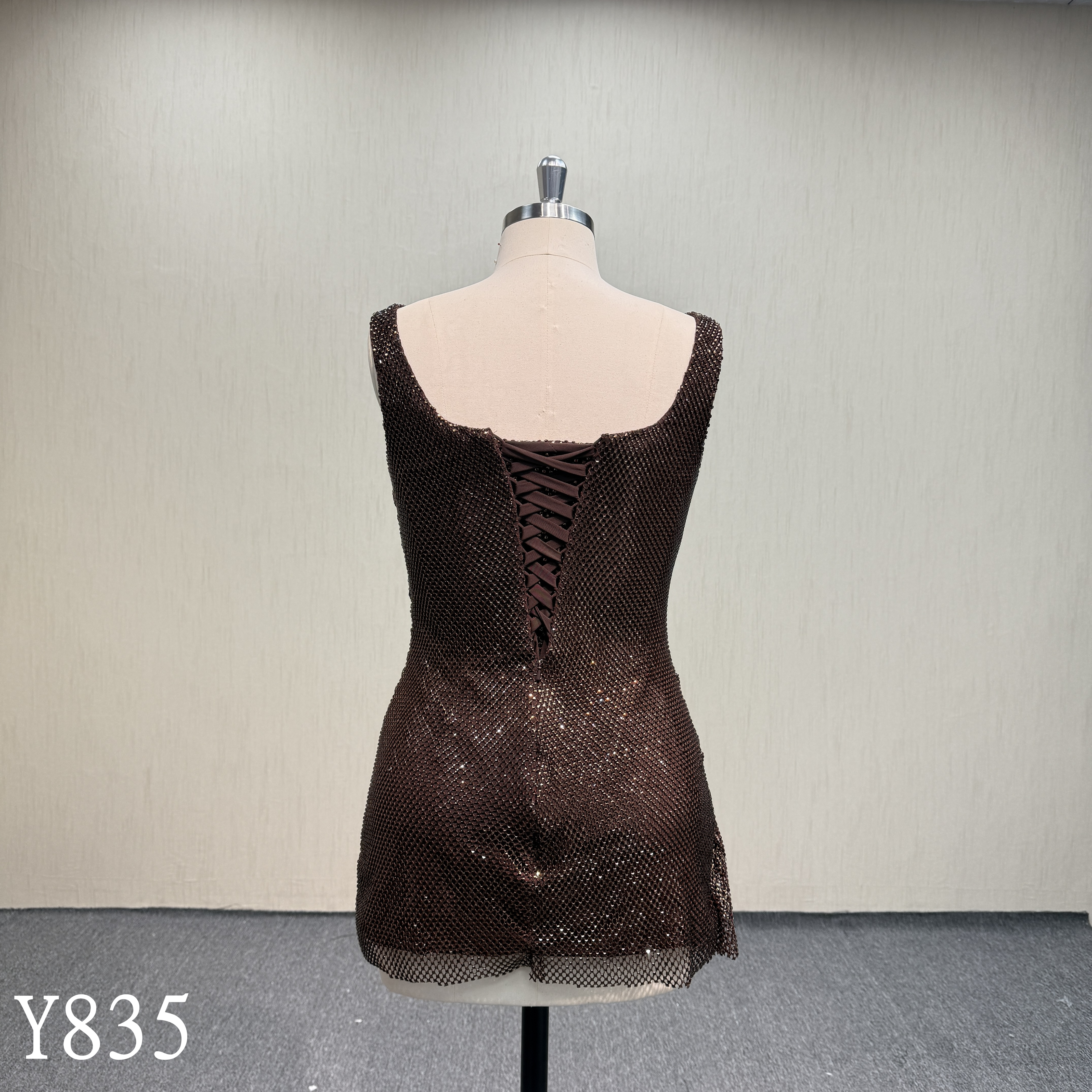 Y835 Stunning Sequin Mesh Bodycon Dress with Cowl Ruched Front and Low Corset Back