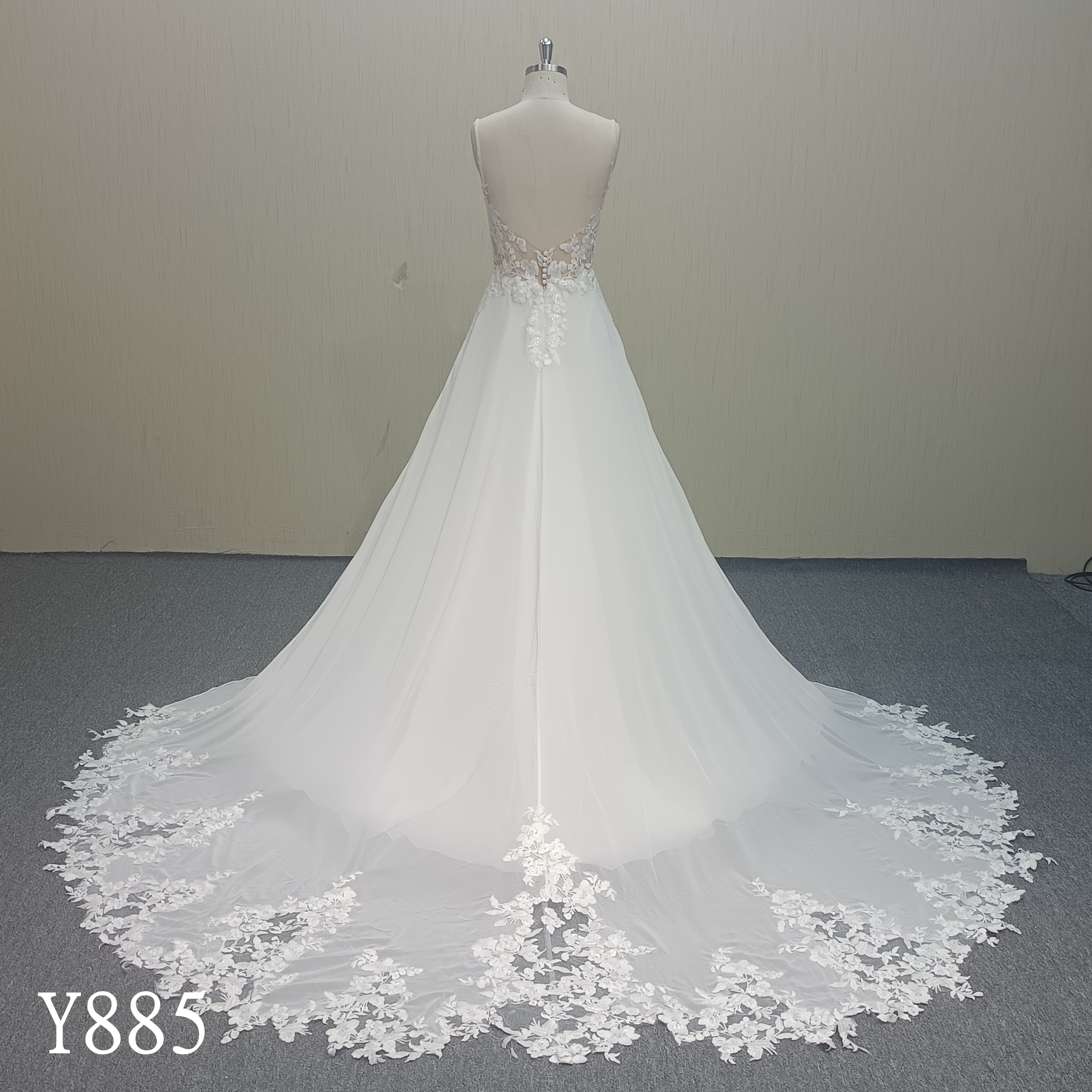 Y885 Flowy Chiffon A-Line Bridal Dress with 3D Floral Appliqué and Sheer Cathedral Train