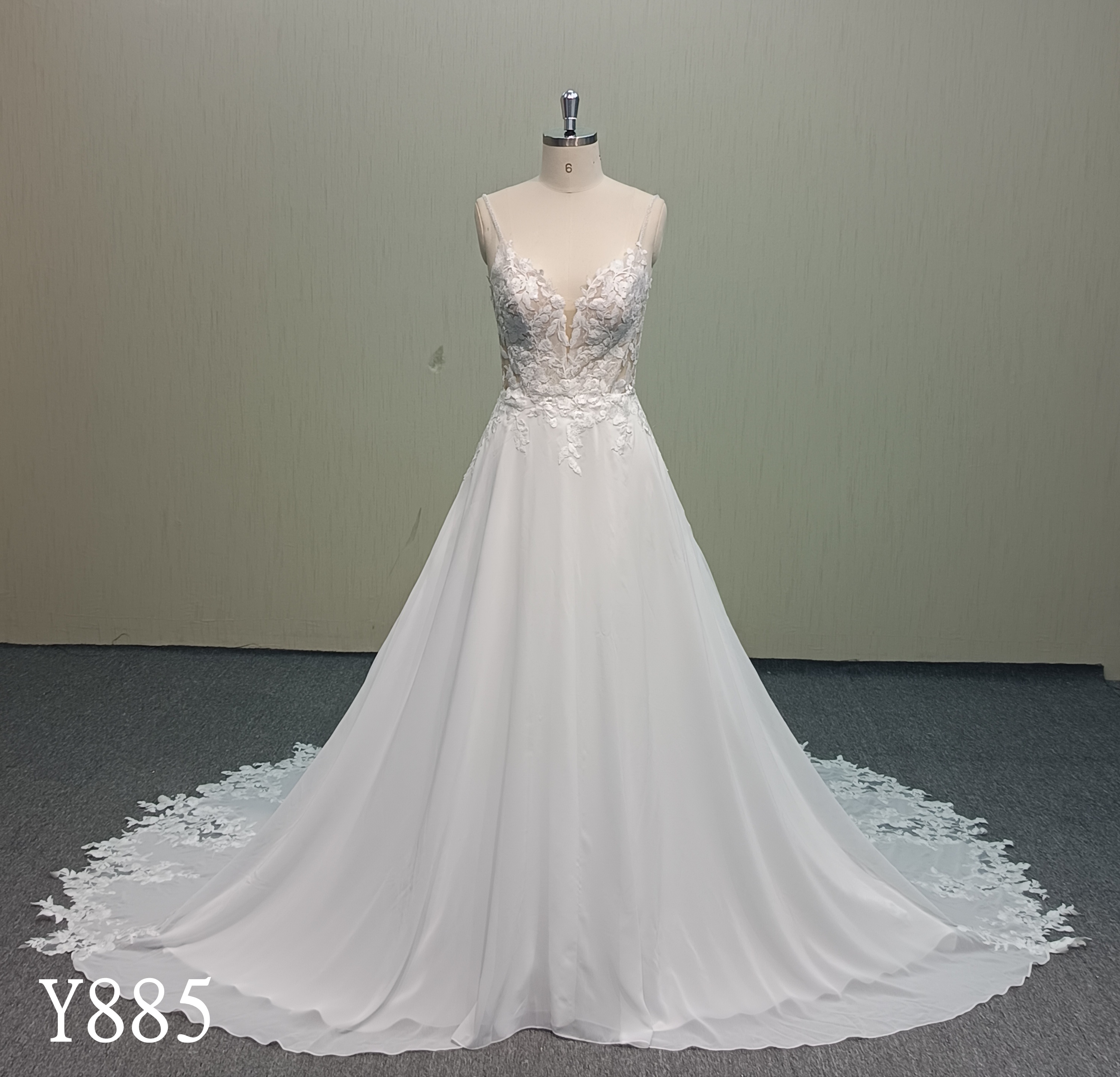 Y885 Flowy Chiffon A-Line Bridal Dress with 3D Floral Appliqué and Sheer Cathedral Train