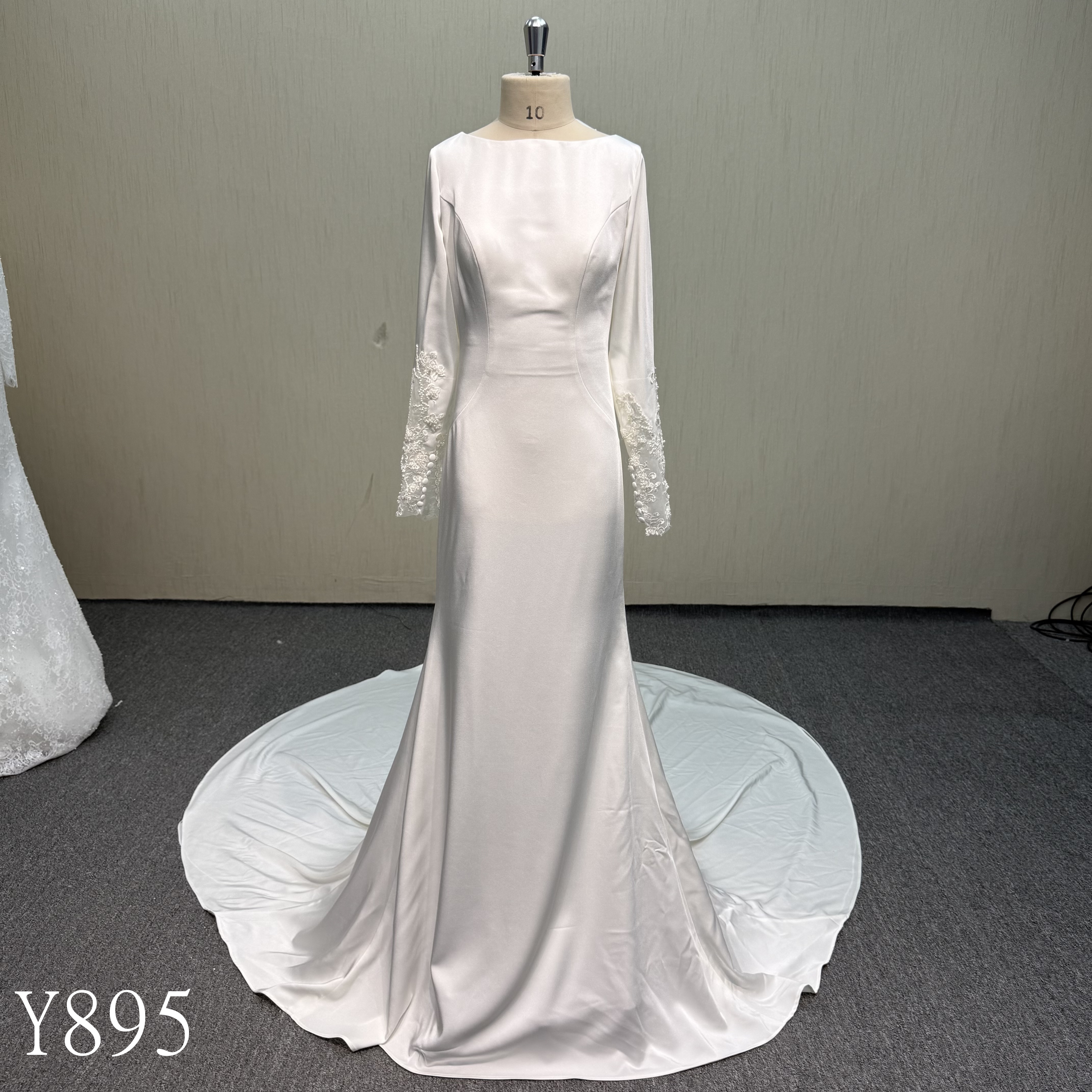 Y895 Premium Modest Satin Long Sleeve Mermaid Bridal Gown with Sweeping Train