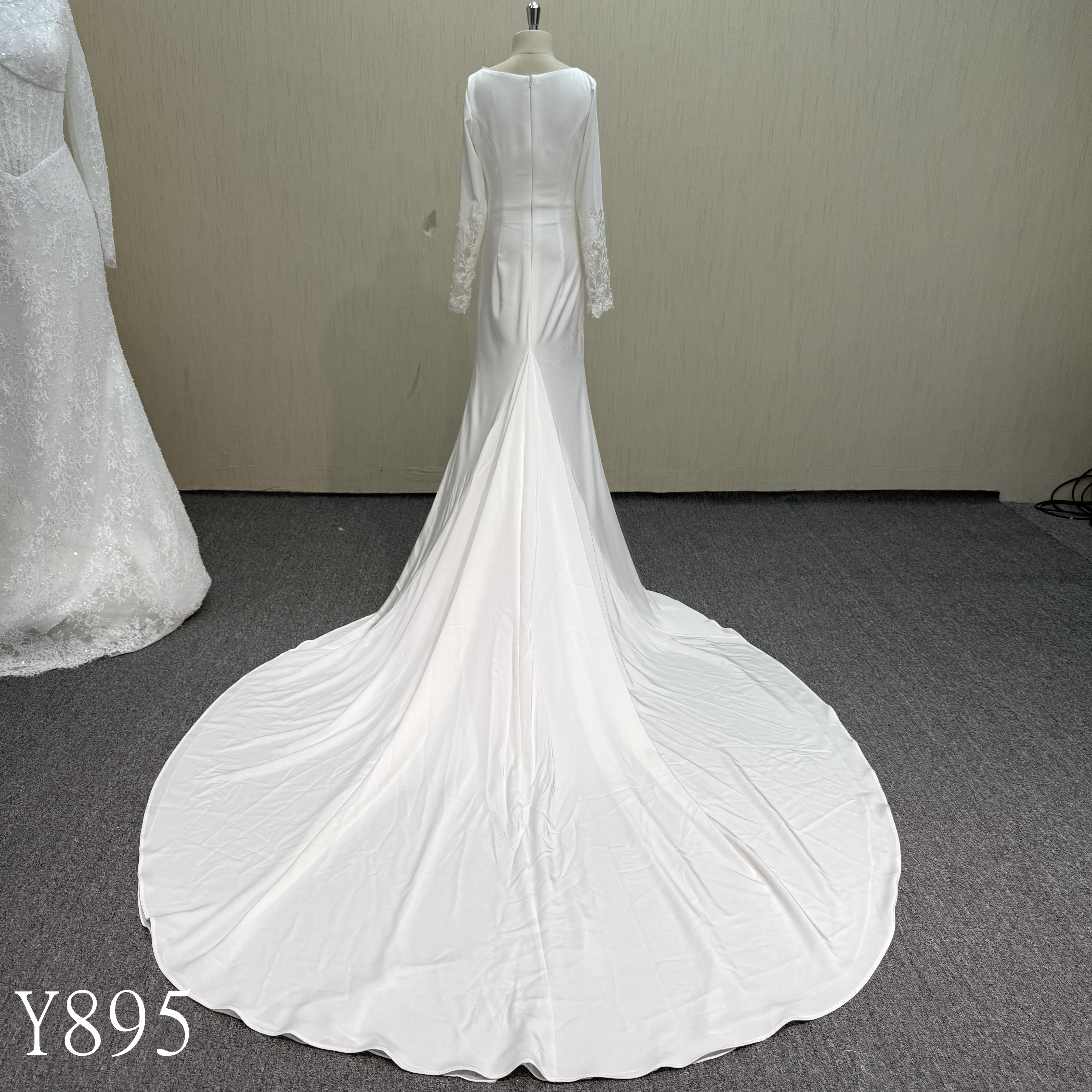 Y895 Premium Modest Satin Long Sleeve Mermaid Bridal Gown with Sweeping Train