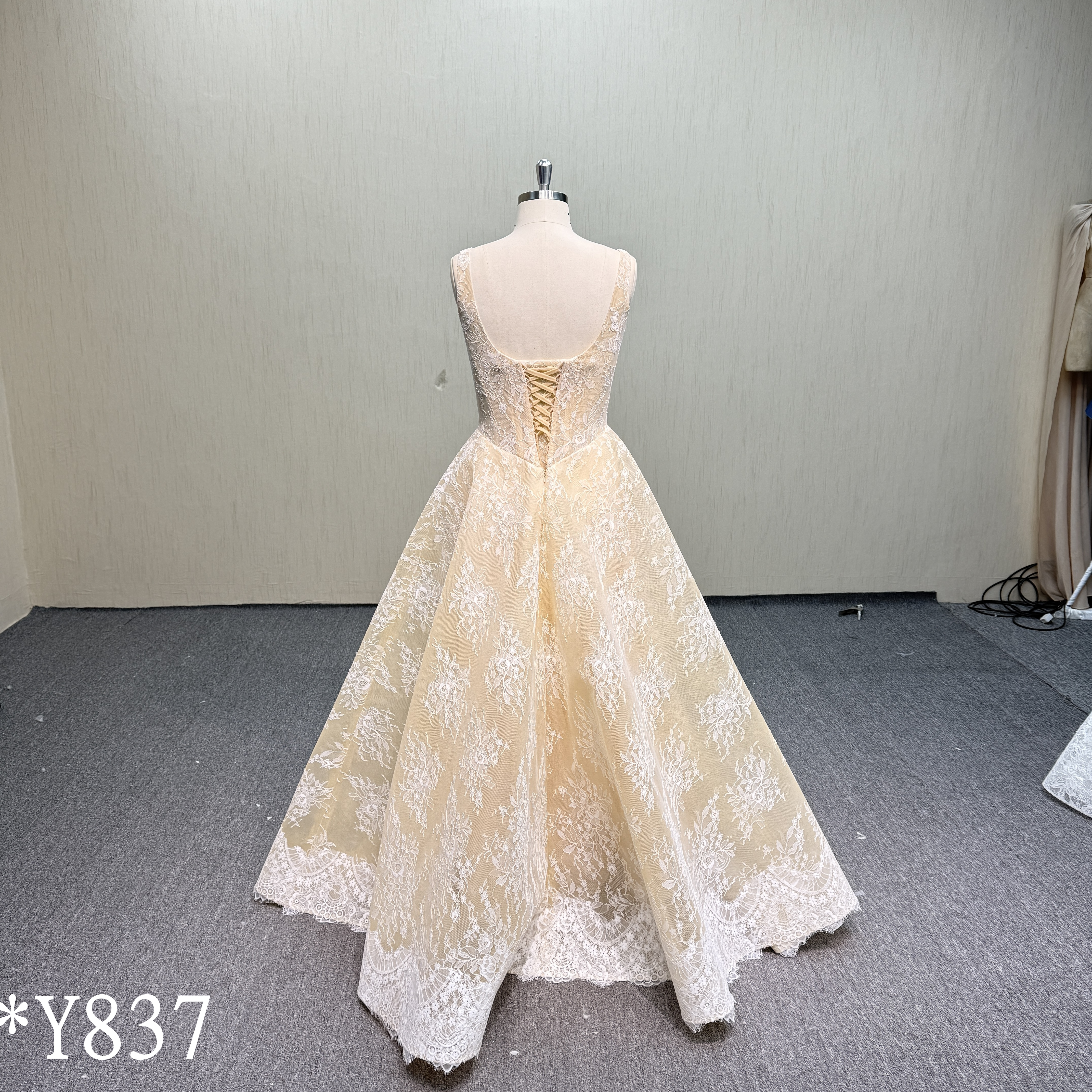 Y837 Vintage Champagne Chantilly Lace A-Line Gown with Deep U-Back