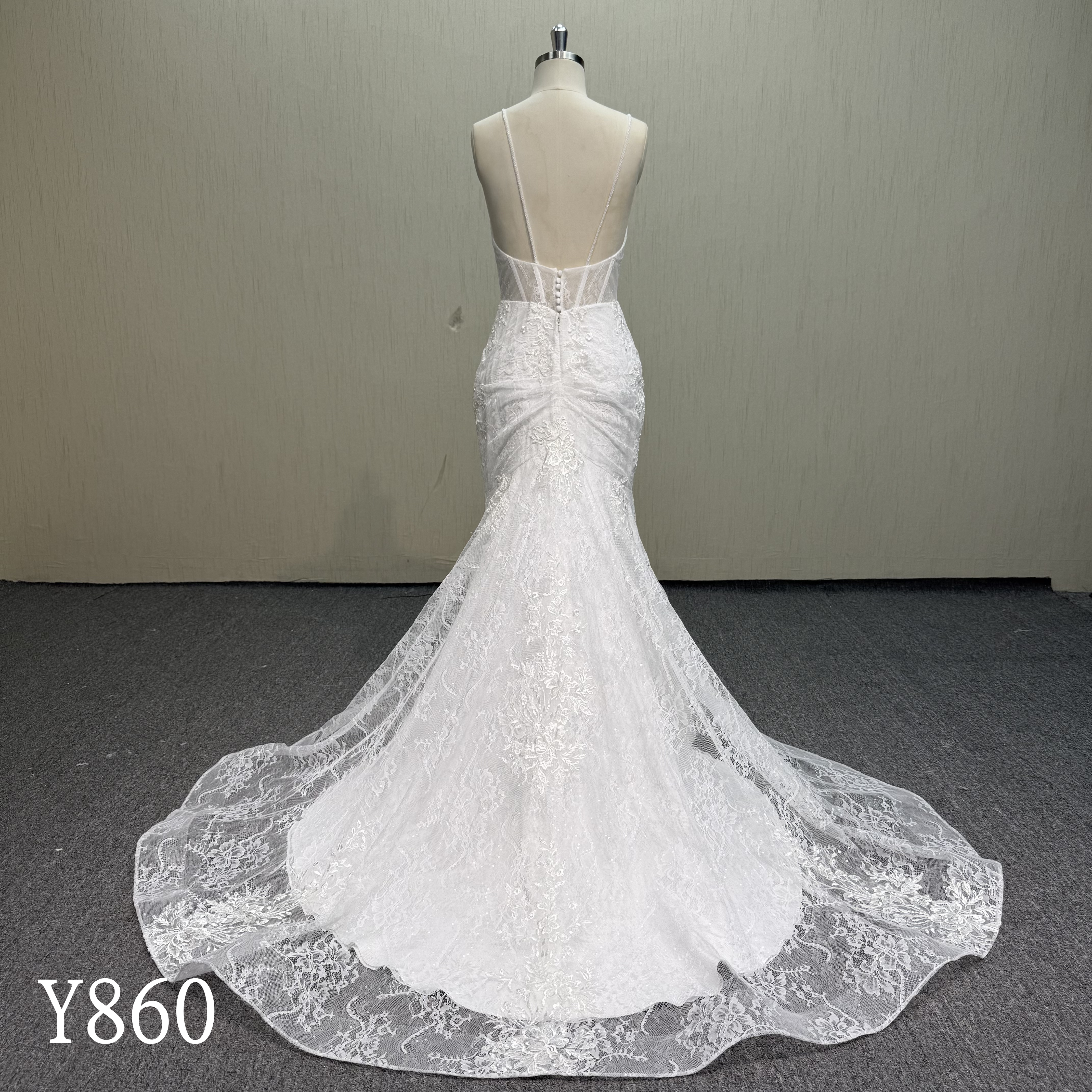 Y860 Premium Chantilly Lace Mermaid Bridal Gown with Ruched Front and Illusion Back