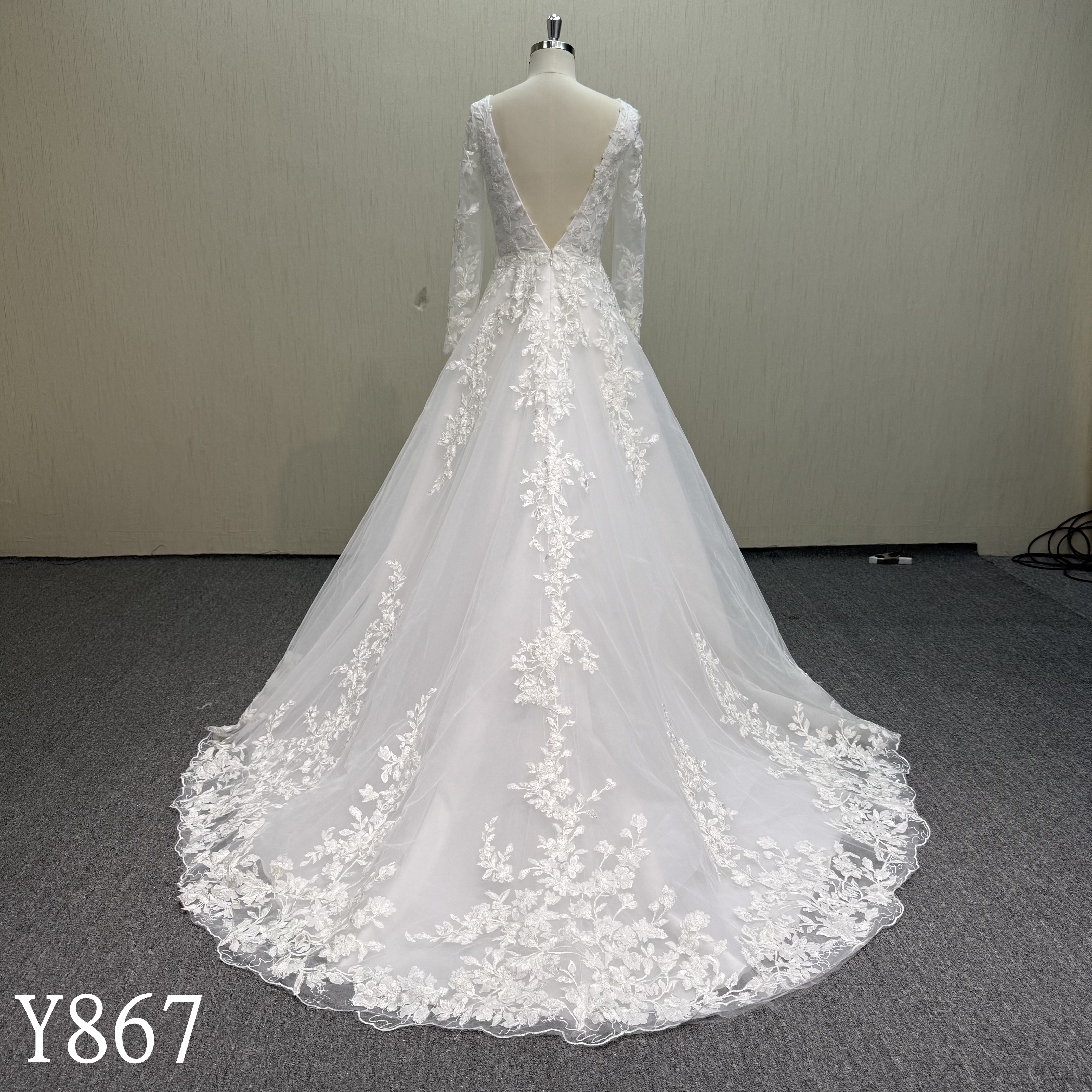 Y867  Appliqué A-Line Bridal Gown with Deep Plunge Neck and Long Sleeves