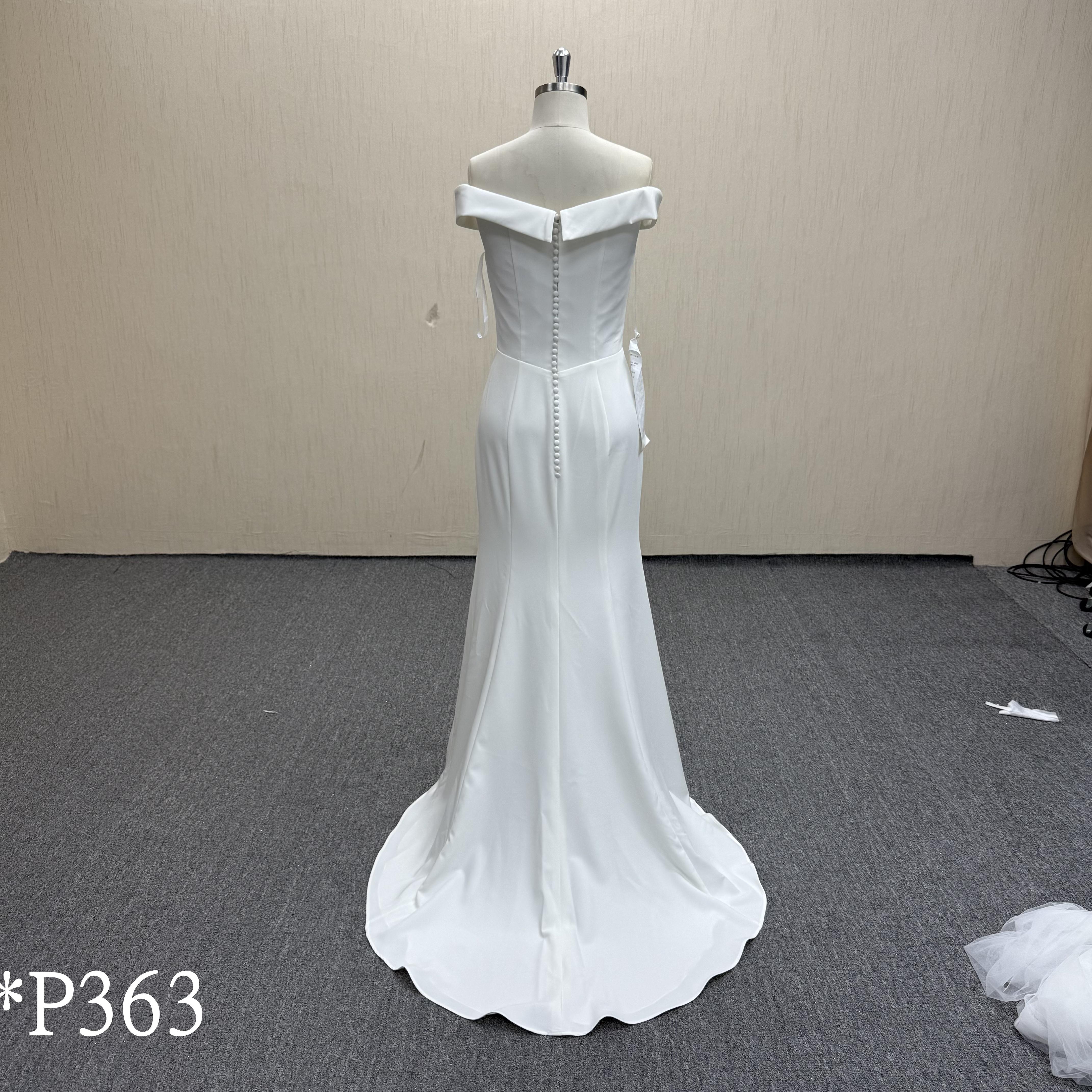 P363 Minimalist Ivory Crepe Dress with Off-the-Shoulder Sleeves.