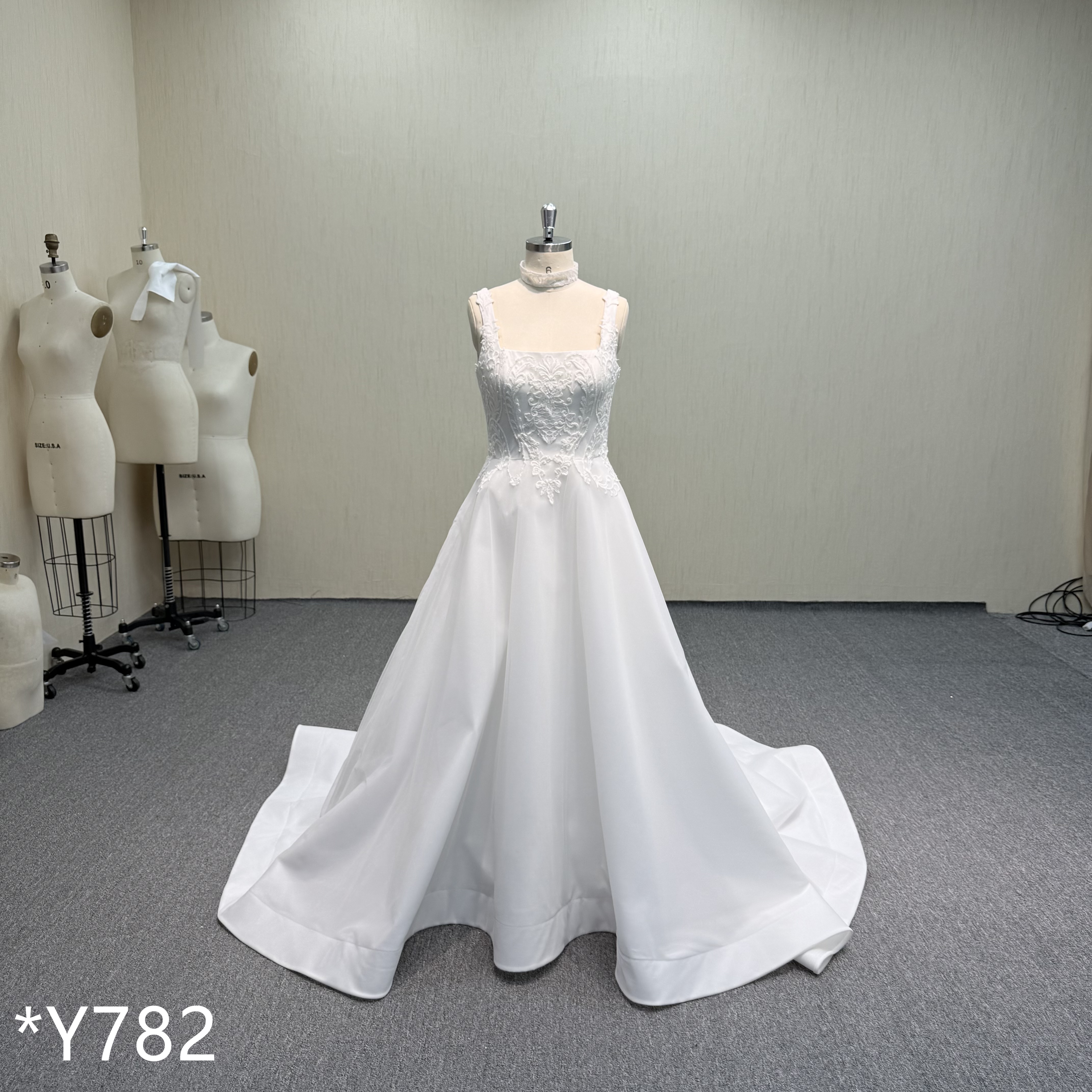 Y782 Convertible Two-Piece Wedding Gown with Detachable Lace Overlay.