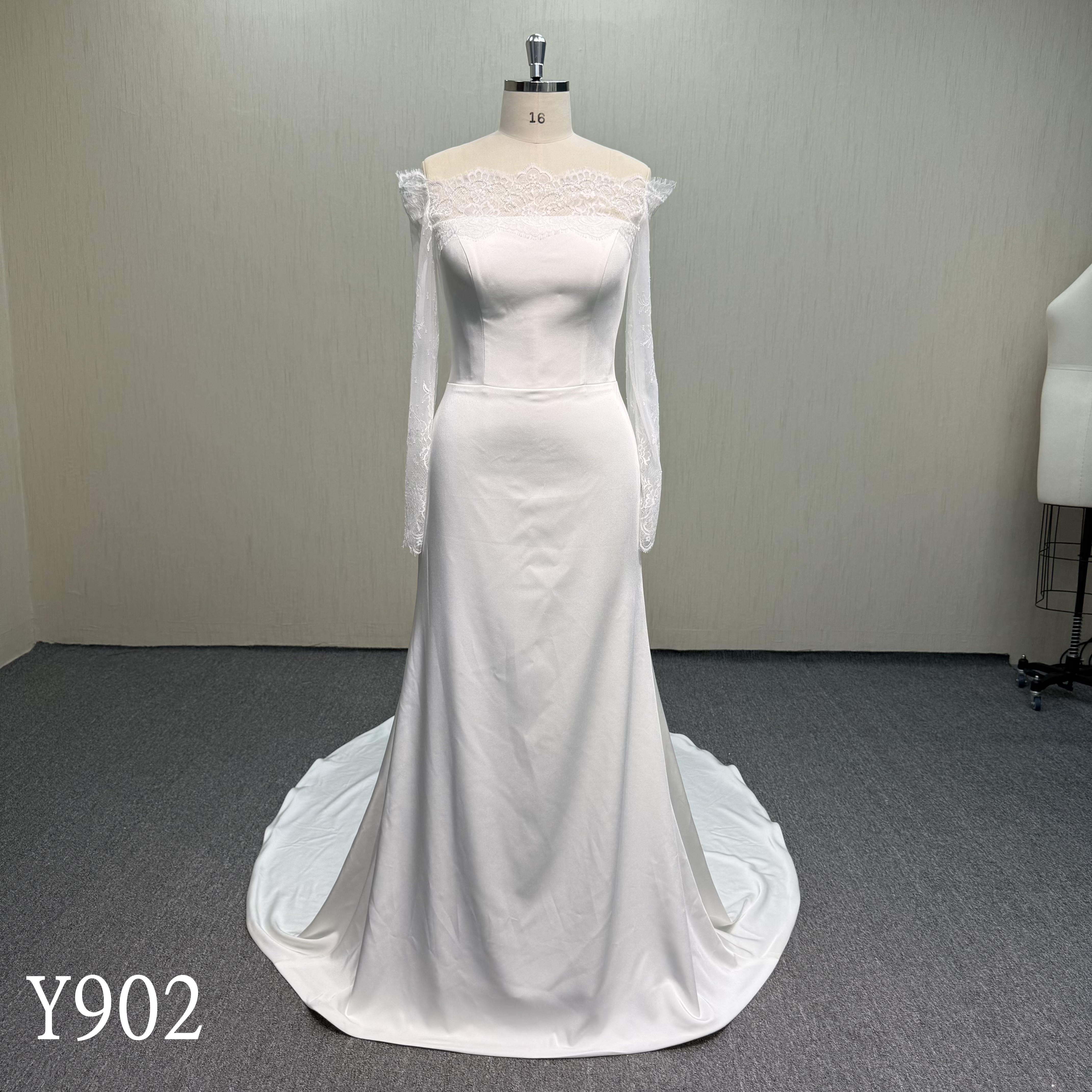 Y902 Illusion Neckline and off shoulder Satin Mermaid Wedding Dress