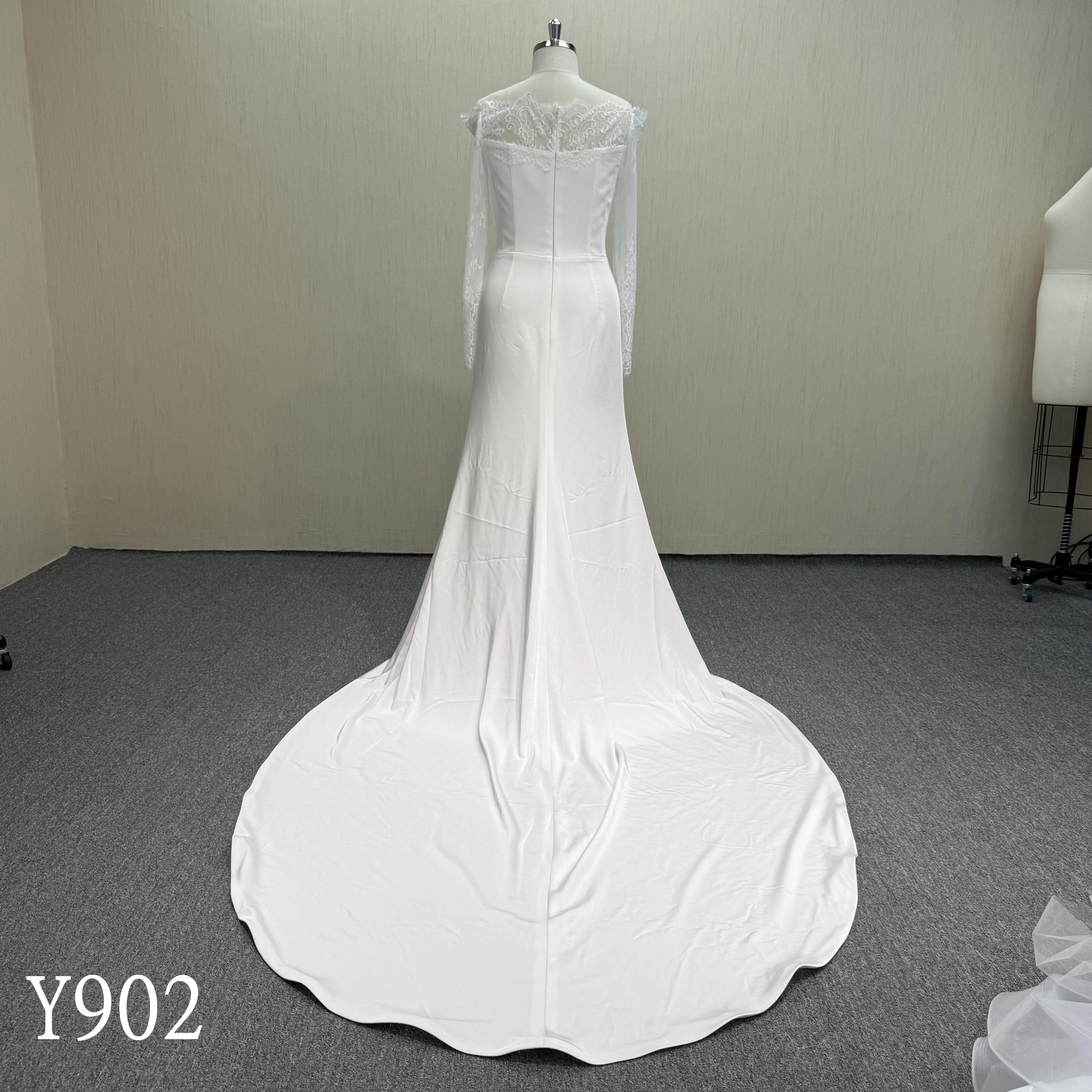 Y902 Illusion Neckline and off shoulder Satin Mermaid Wedding Dress