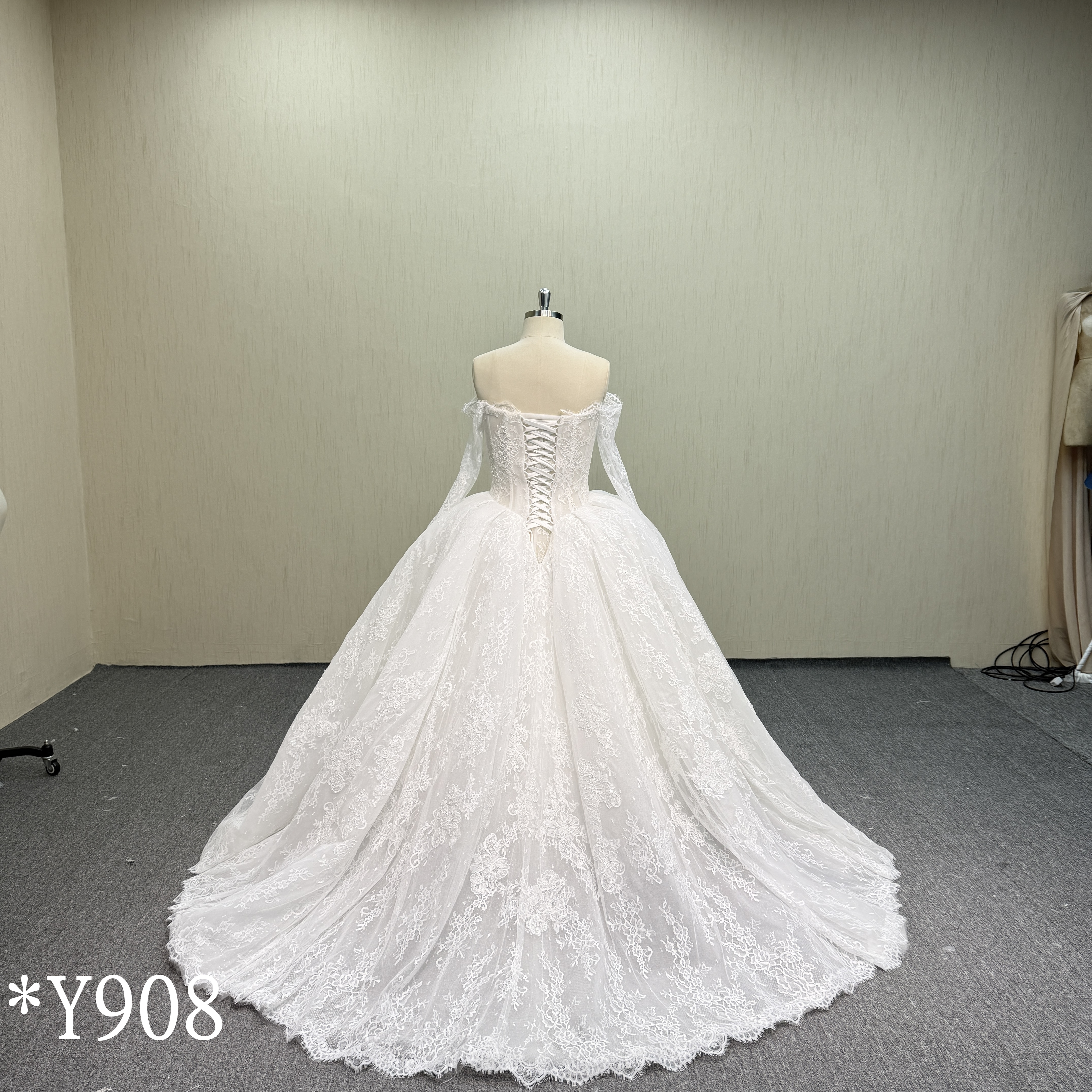 Y908 Princess Style Bridal Gown with Corset Back and Long Lace Sleeves