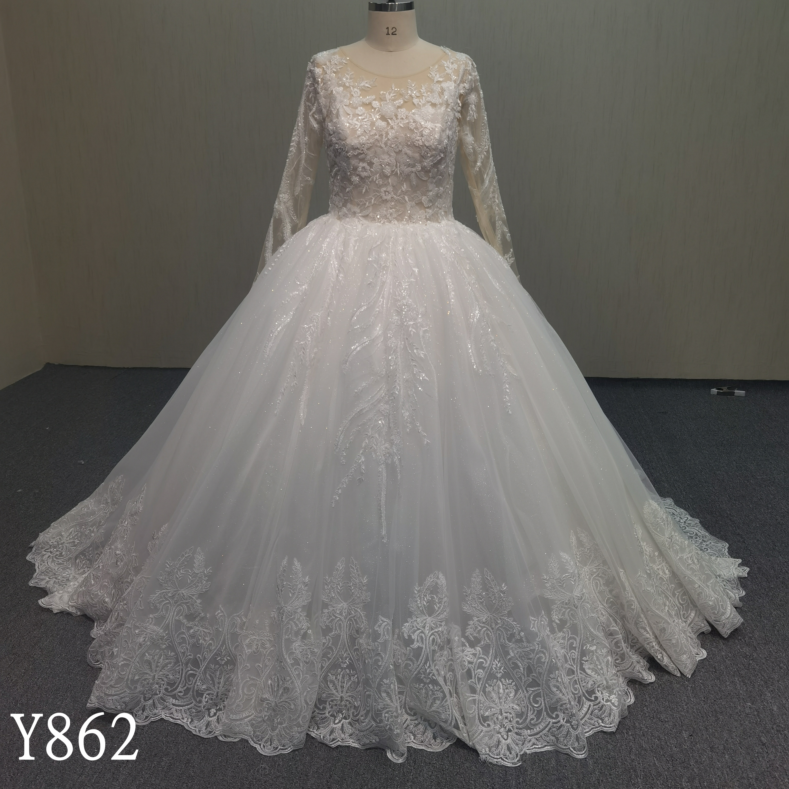 Y862 Celestial Grace: Sparkle Mesh Floral Lace Gown with Covered Buttons Down the Back