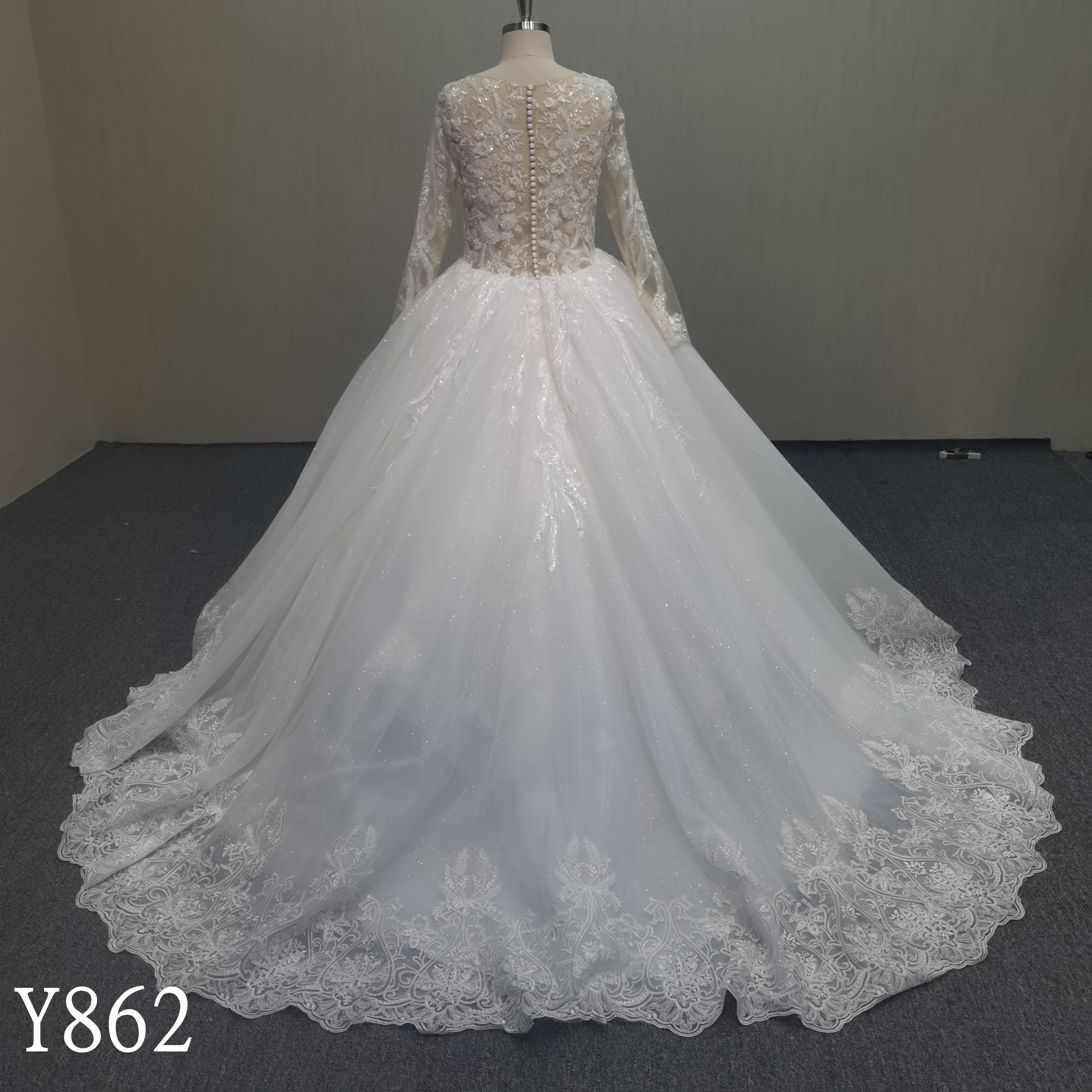 Y862 Celestial Grace: Sparkle Mesh Floral Lace Gown with Covered Buttons Down the Back