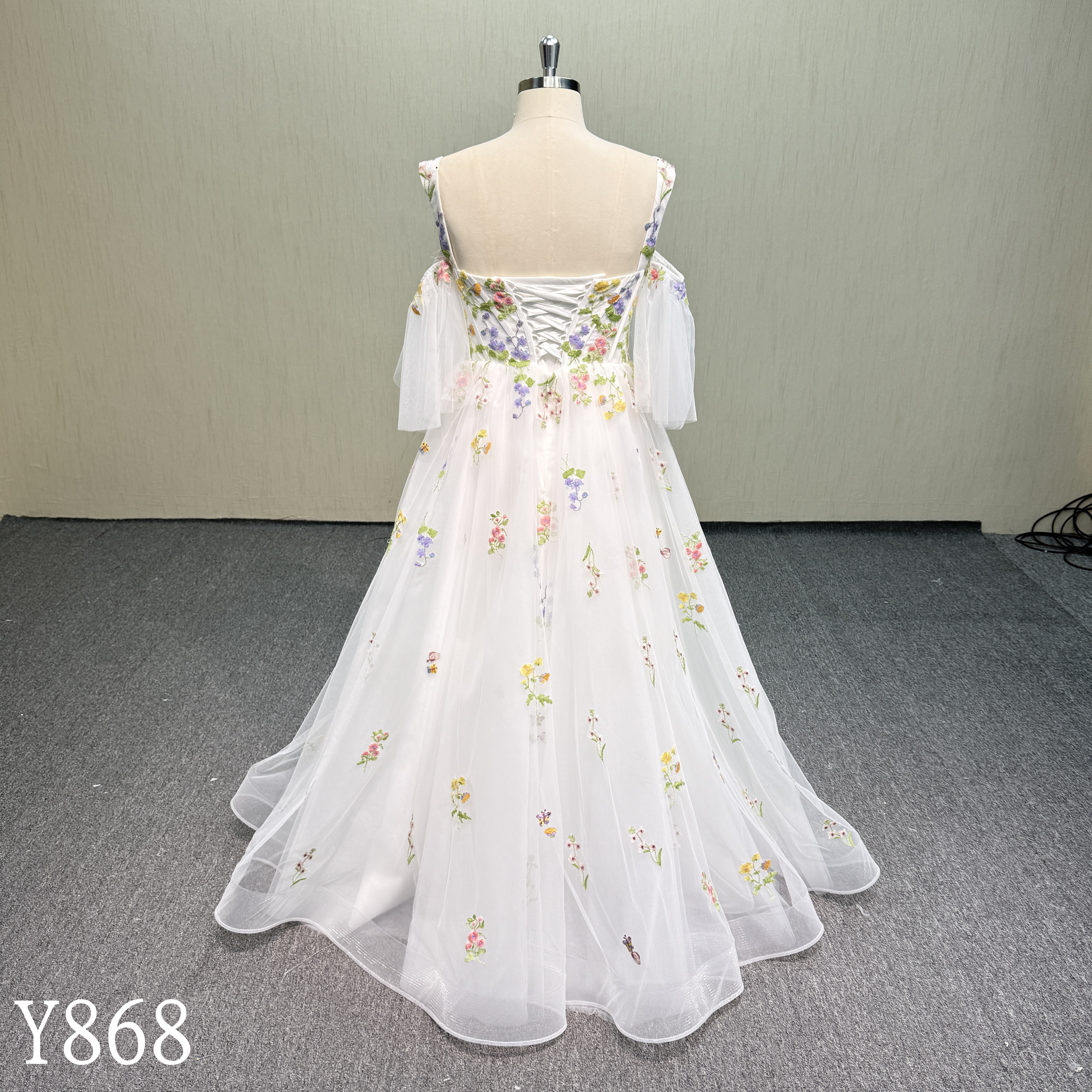 Y868 Garden Party: Multicolor Floral Lace A-Line Dress with Versatile Drop Sleeves