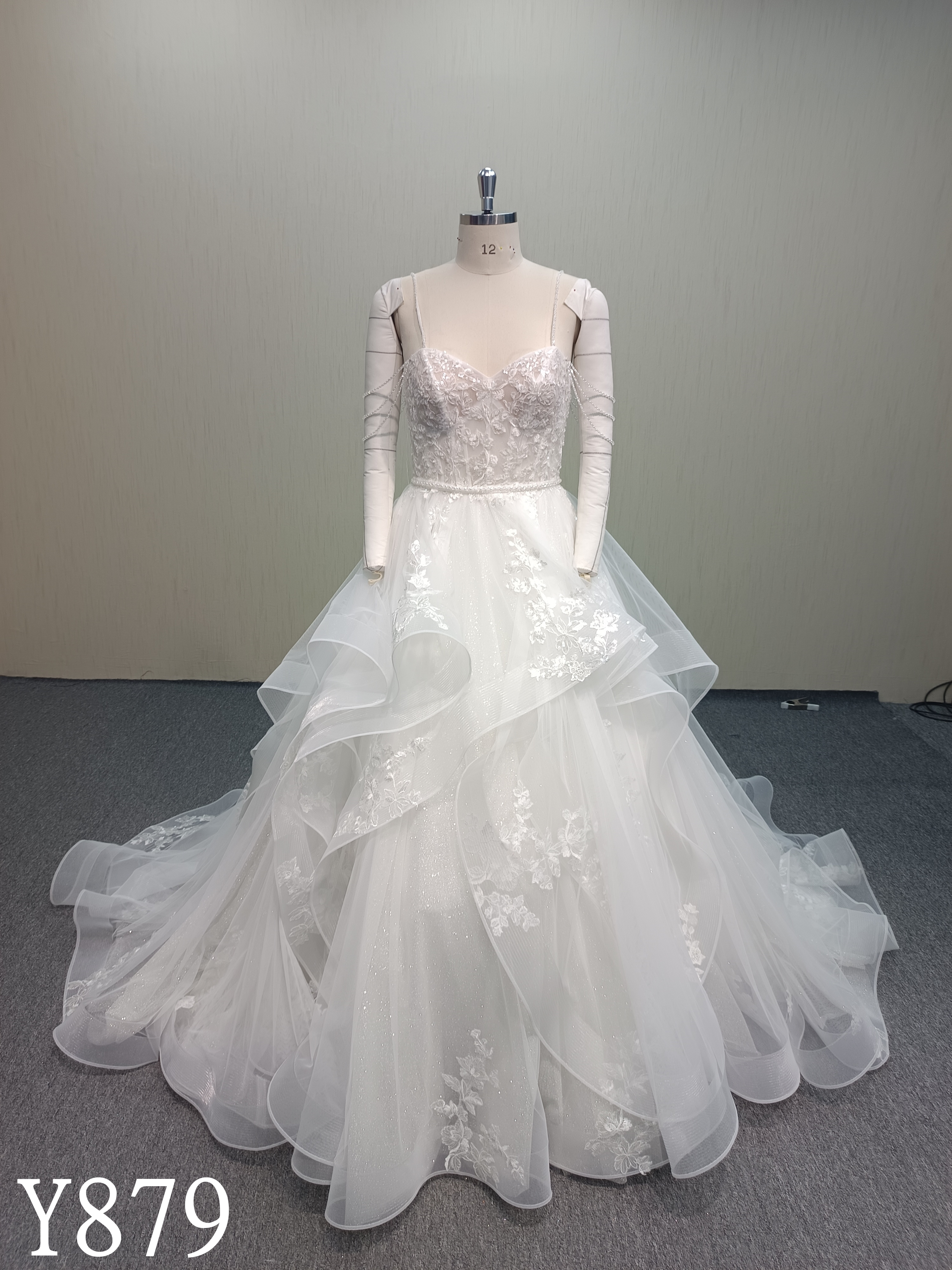 Y879 Cloud Dancer: Cascading Stardust Tulle Ballgown with Detached Sheer Sleeves