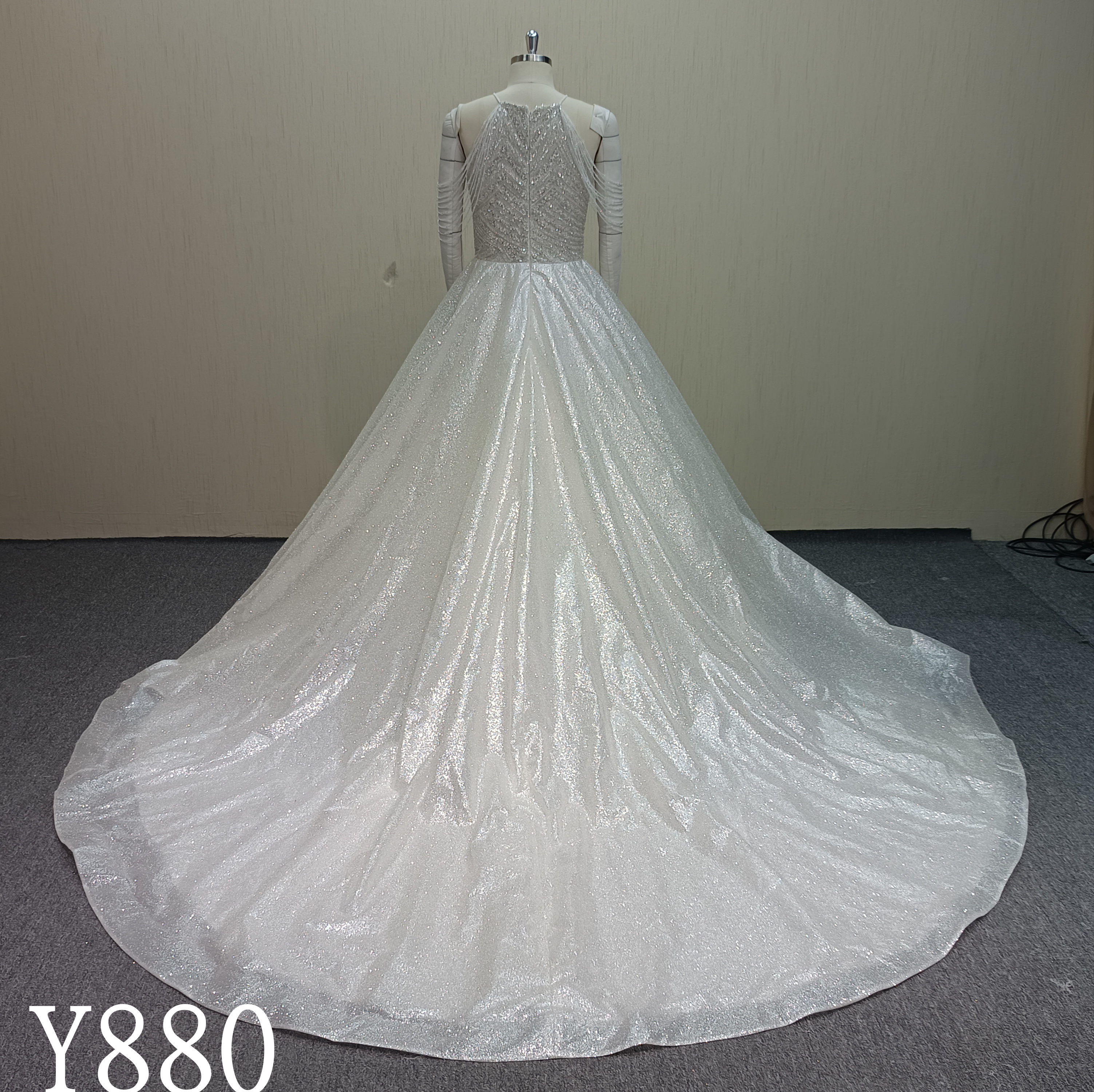 Y880 All-Over Shimmer Halter Gown - Detached Sleeves & Massive Sweeping Train