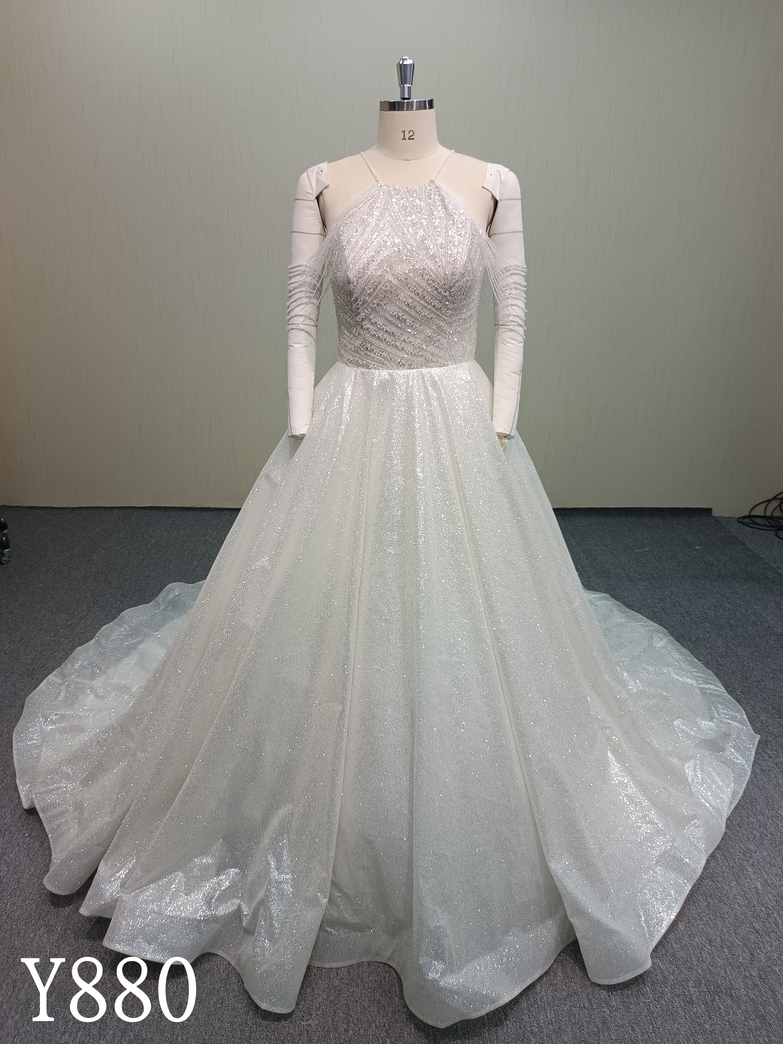 Y880 All-Over Shimmer Halter Gown - Detached Sleeves & Massive Sweeping Train