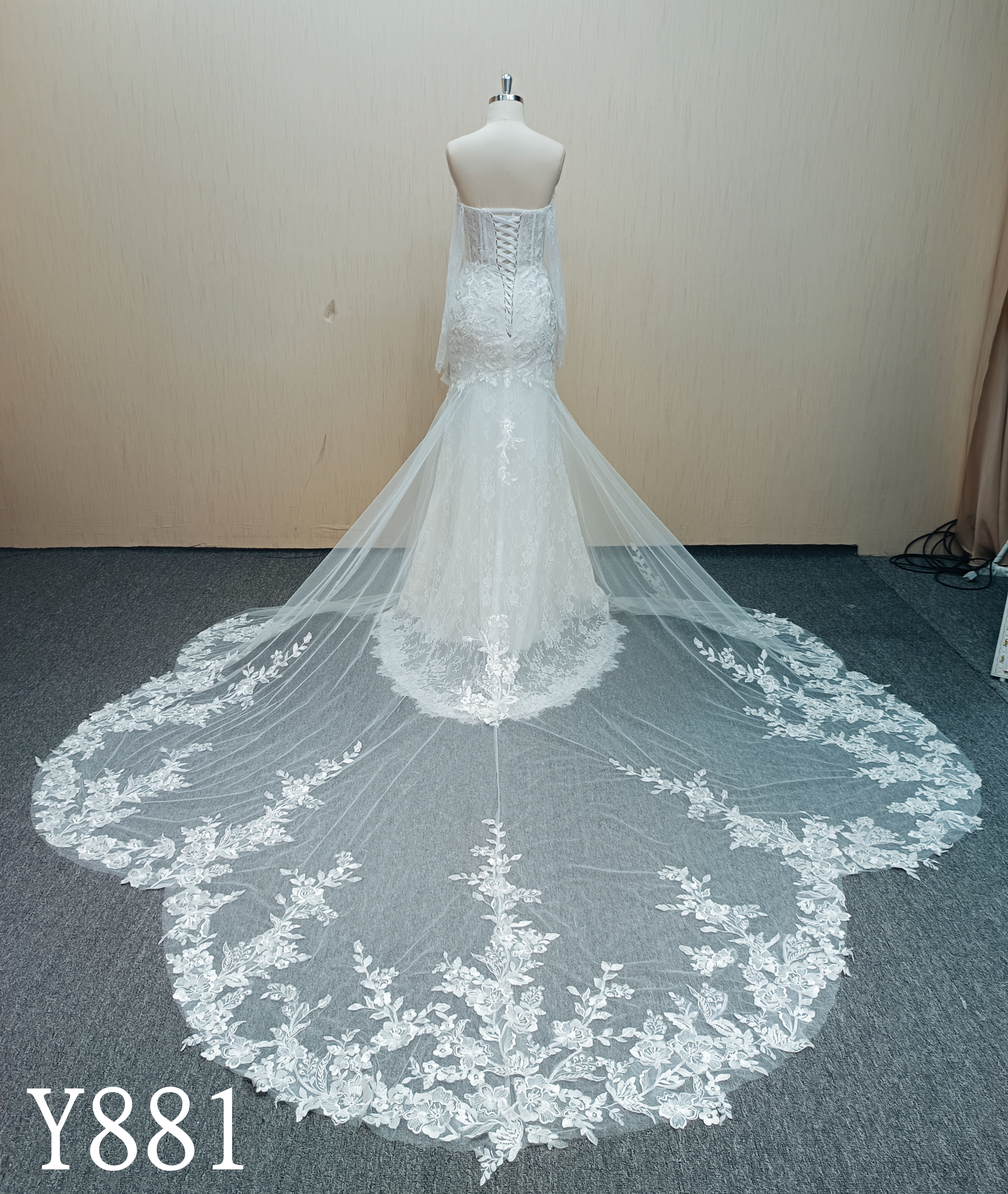 Y881 Enchanted Goddess: Draped Sheer Cape-Sleeves & 3D Floral Illusion Sweeping Train