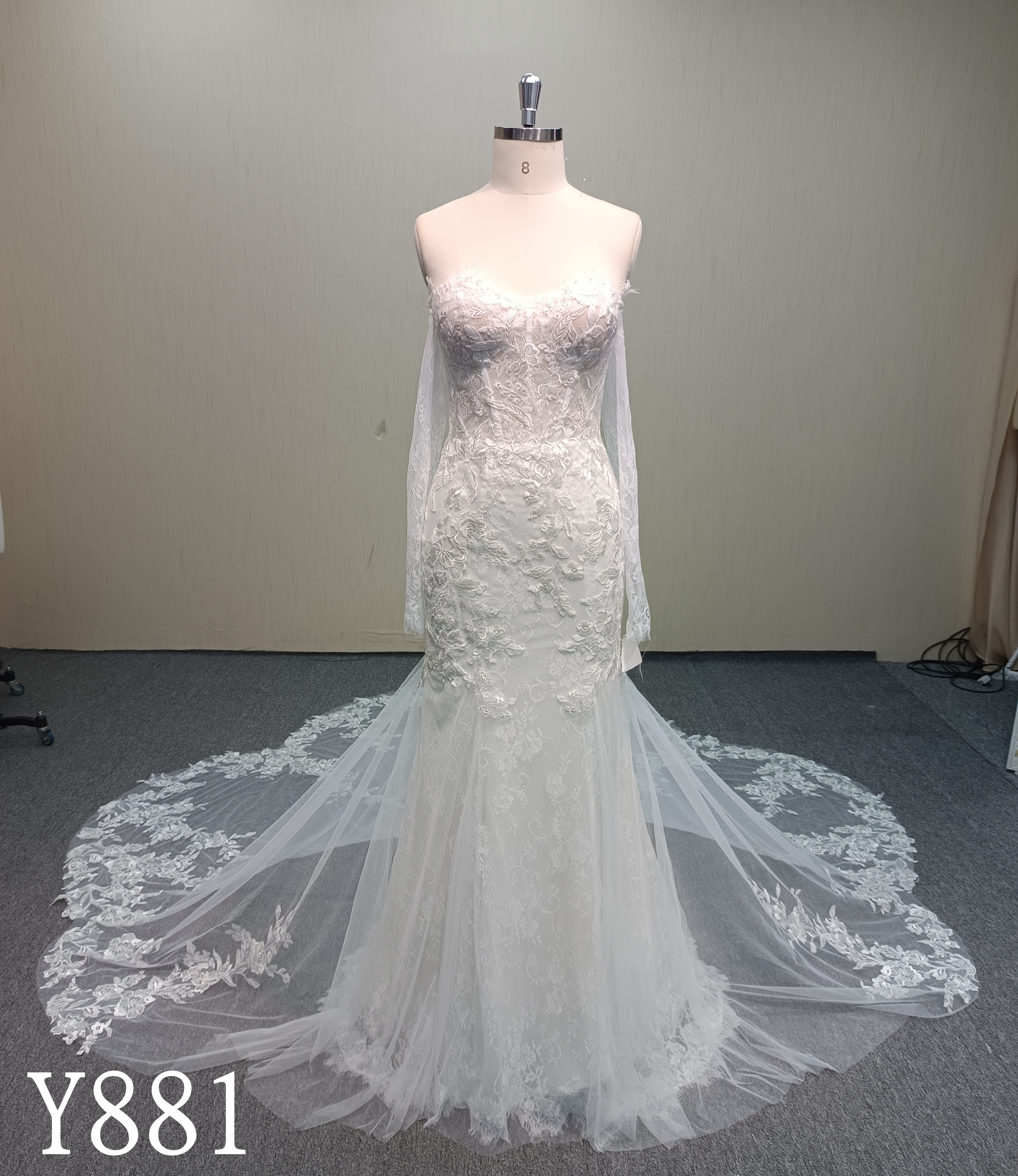 Y881 Enchanted Goddess: Draped Sheer Cape-Sleeves & 3D Floral Illusion Sweeping Train